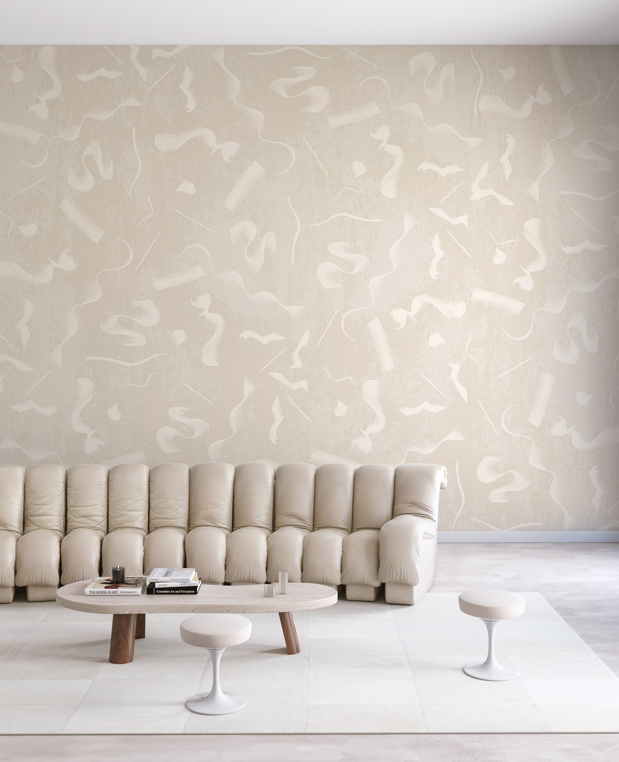 The Fusilli© Wallpaper in chalk in a living room from drop it MODERN.