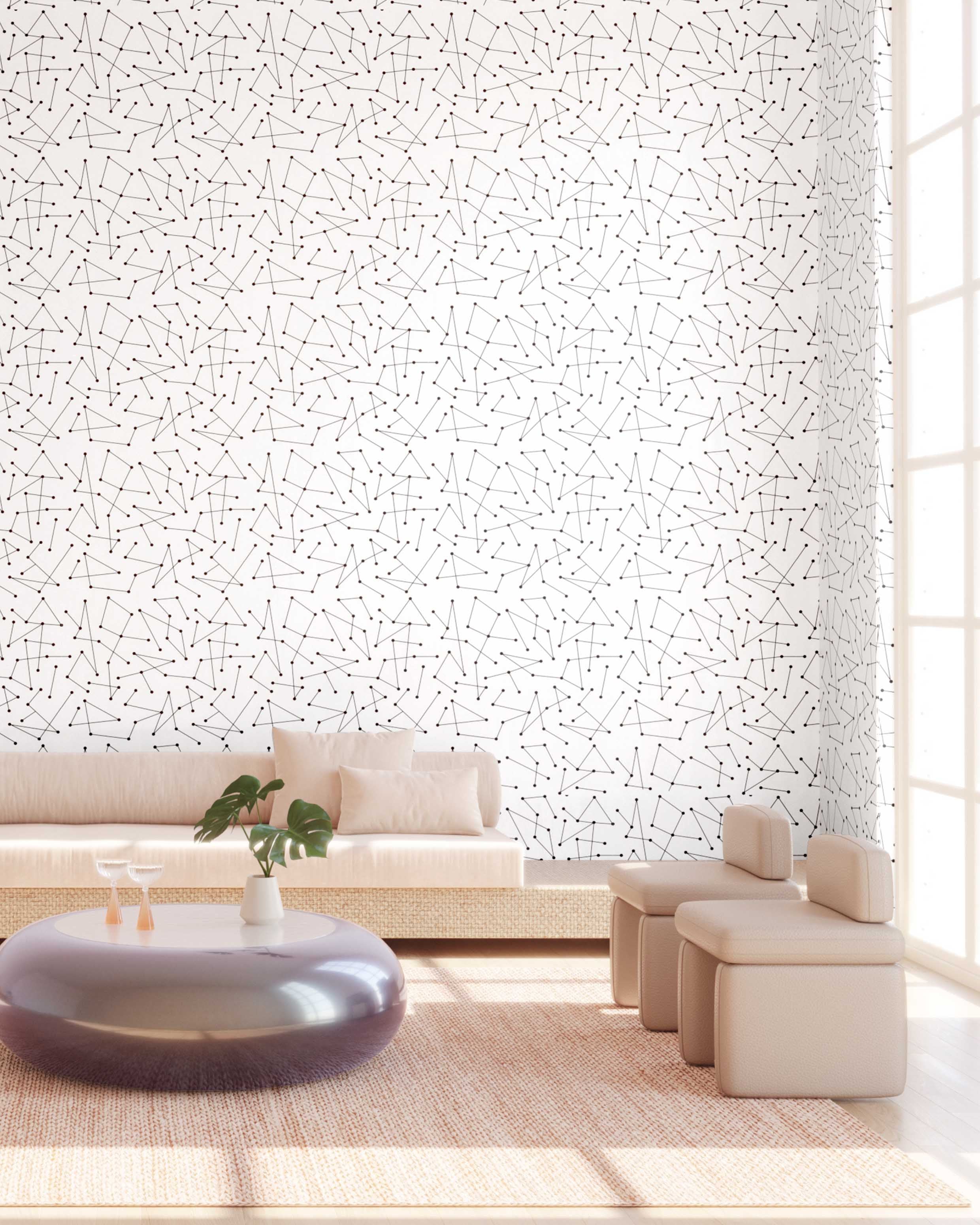 The Dot to Dot© Wallpaper in Black + White in a living room setting from drop it MODERN.