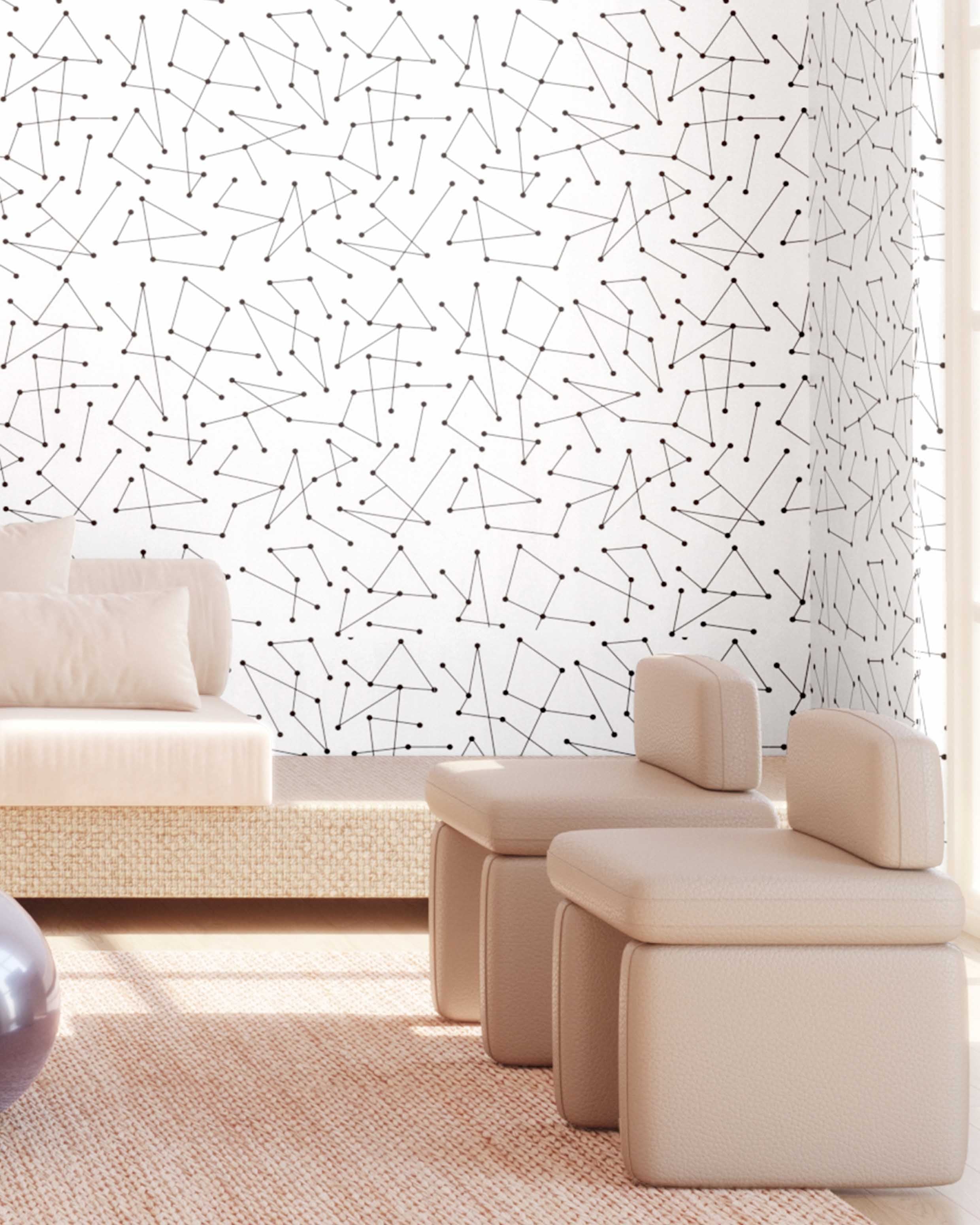 The Dot to Dot© Wallpaper in Black + White in a lounge area from drop it MODERN.