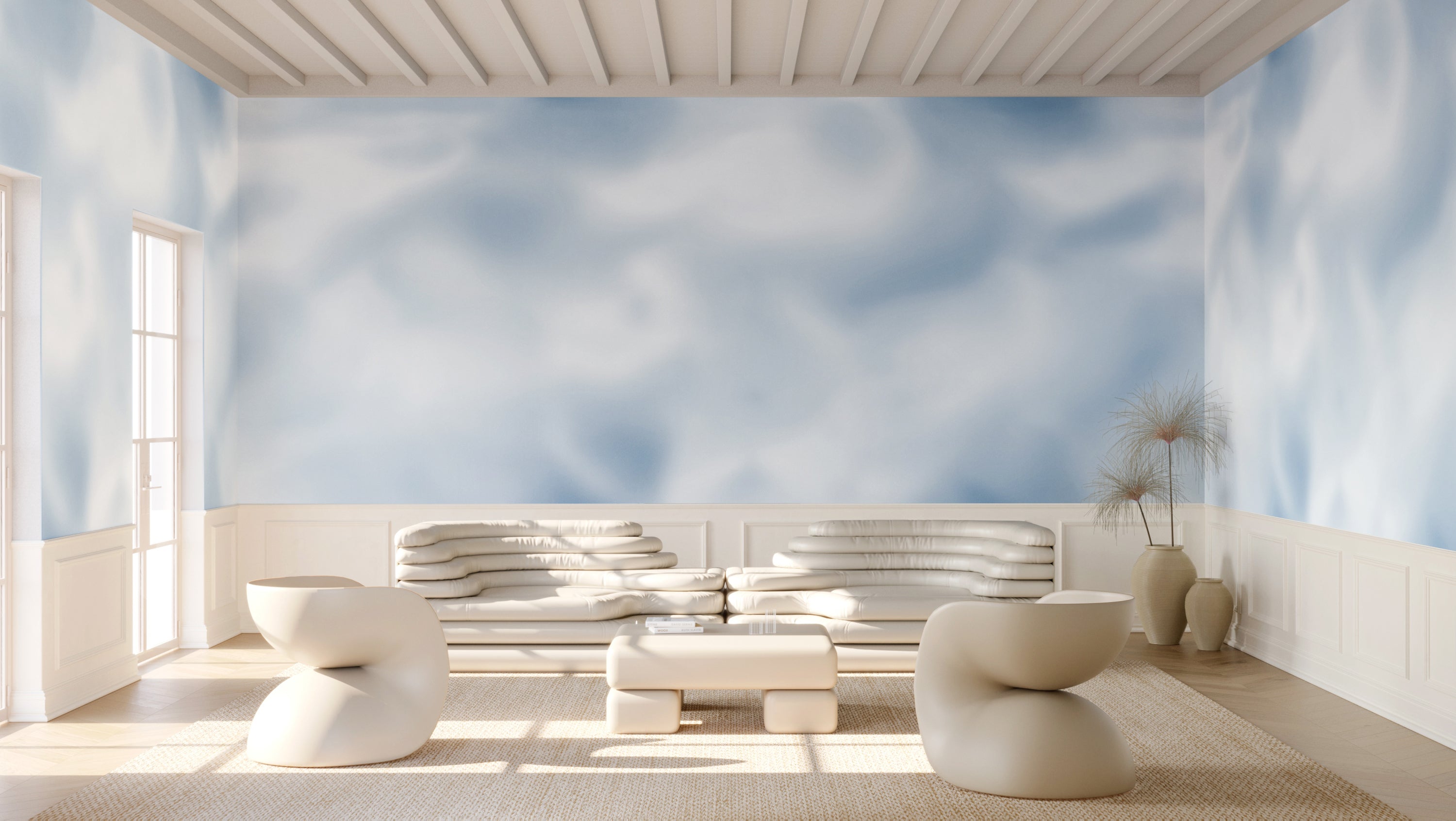 The Encore© Mural Wallpaper in Ice Cap in a lounge area from drop it MODERN.