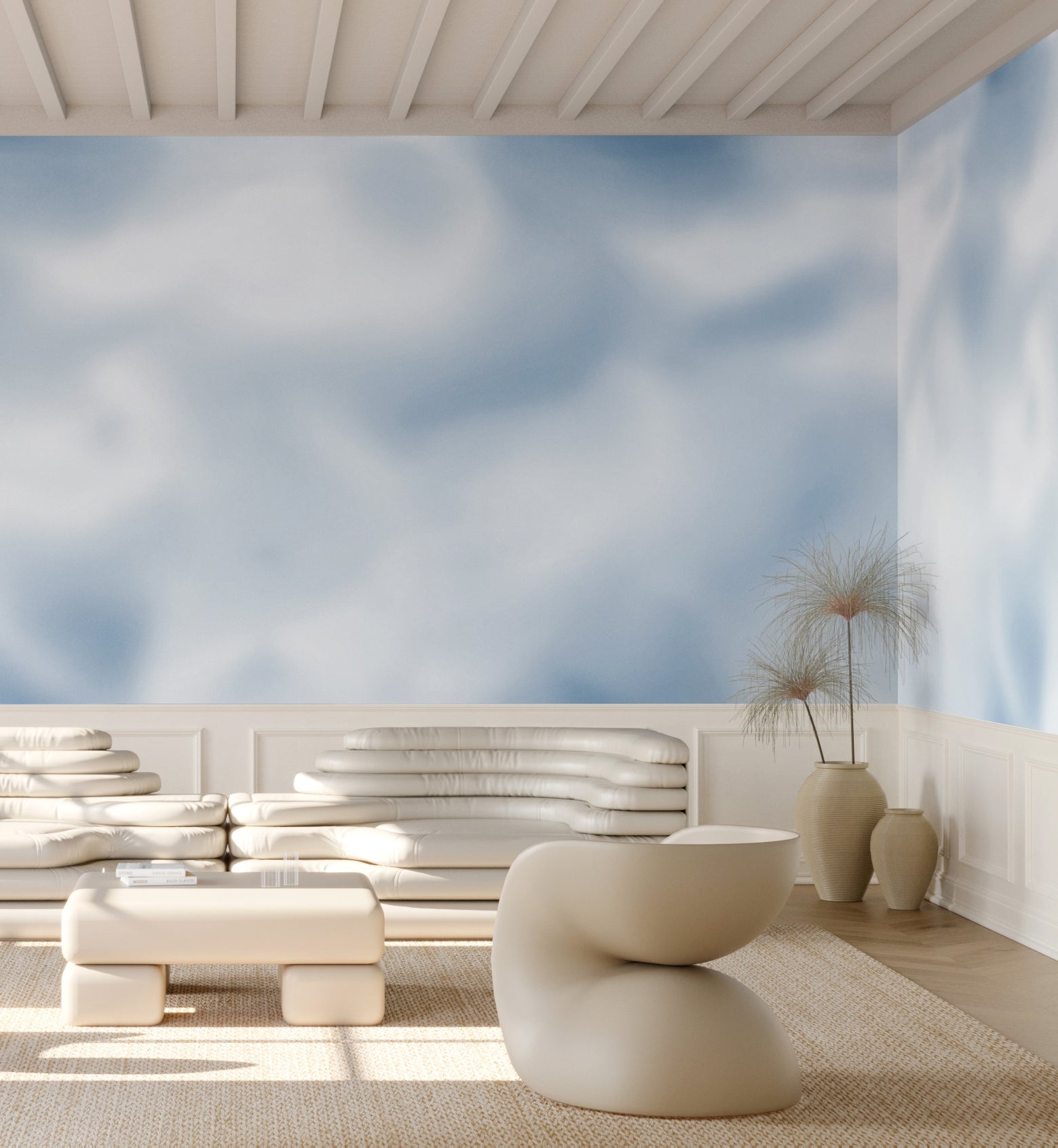 The Encore© Mural Wallpaper in Ice Cap in a lobby area from drop it MODERN.