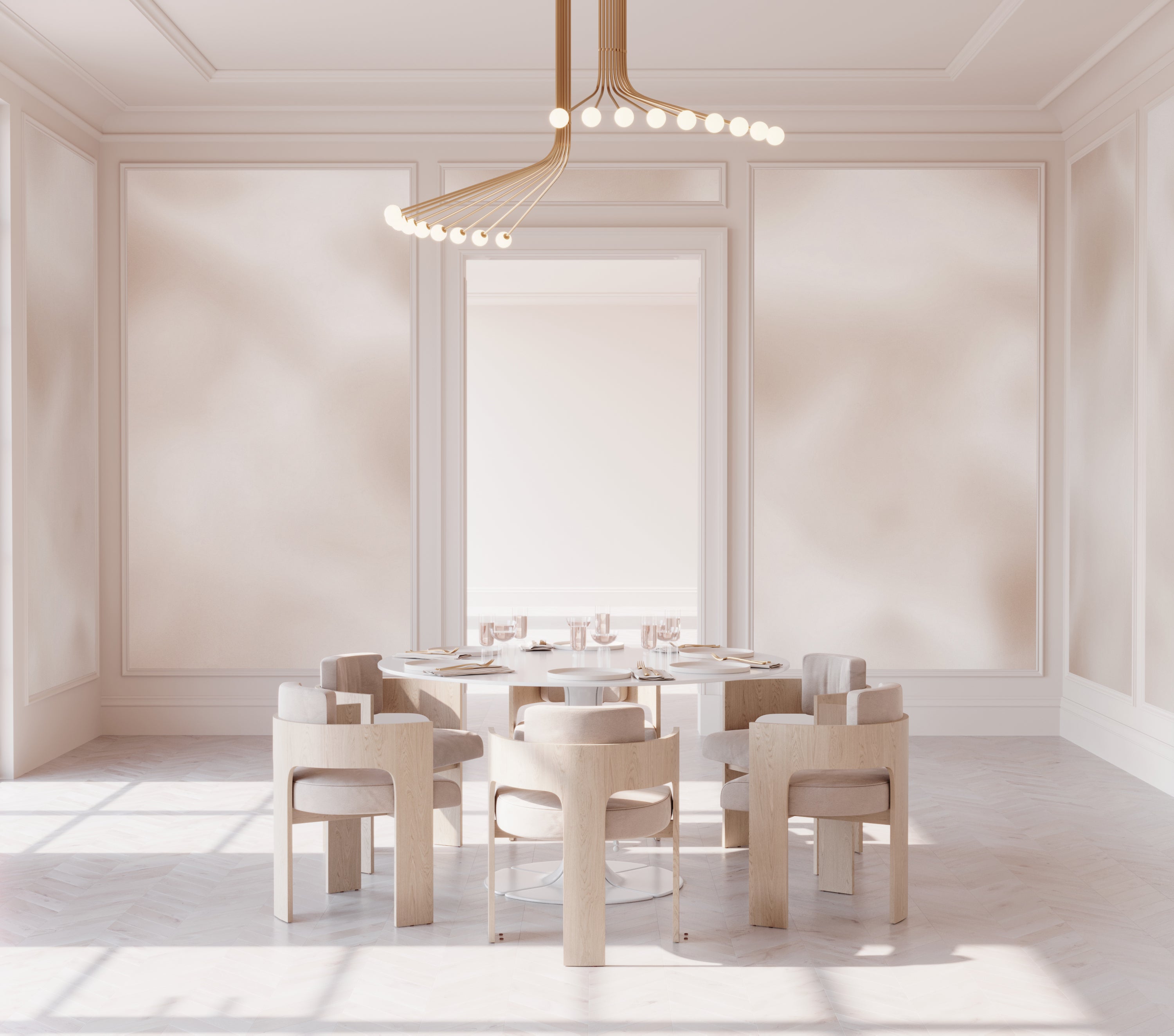 The Encore© Mural Wallpaper in Sand Dollar in a dining room from drop it MODERN.