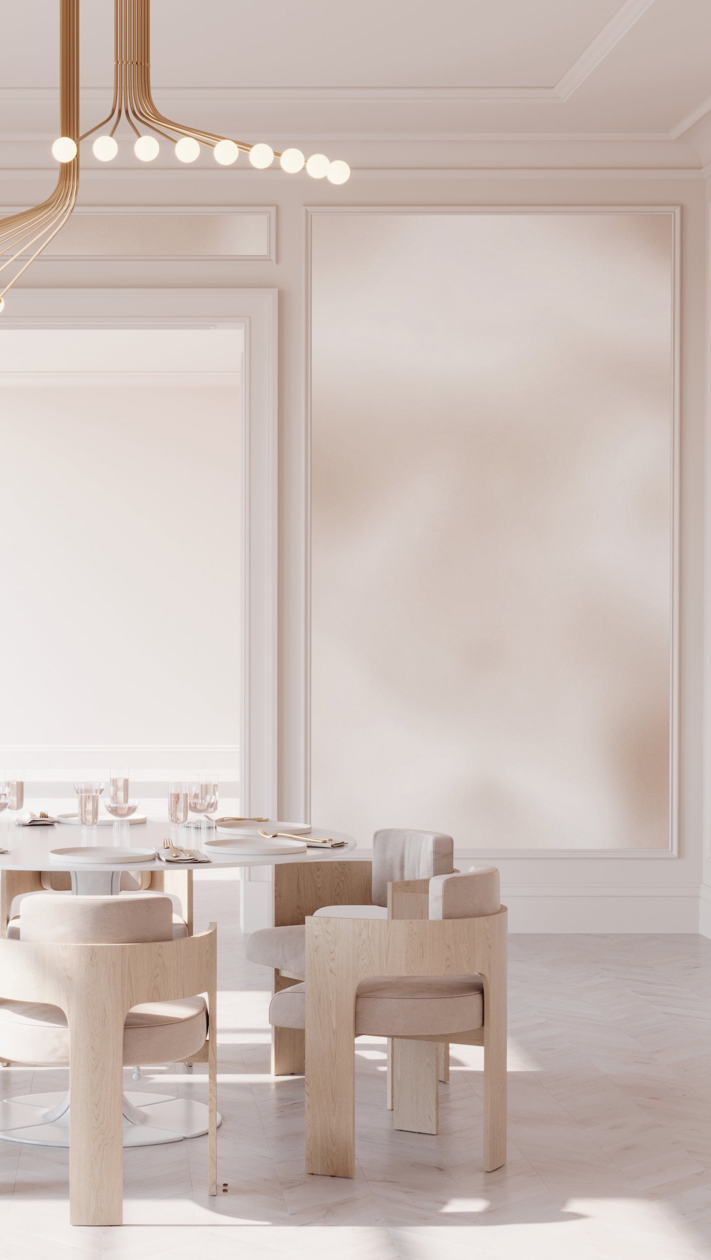 The Encore© Mural Wallpaper in Sand Dollar in a dining area from drop it MODERN.