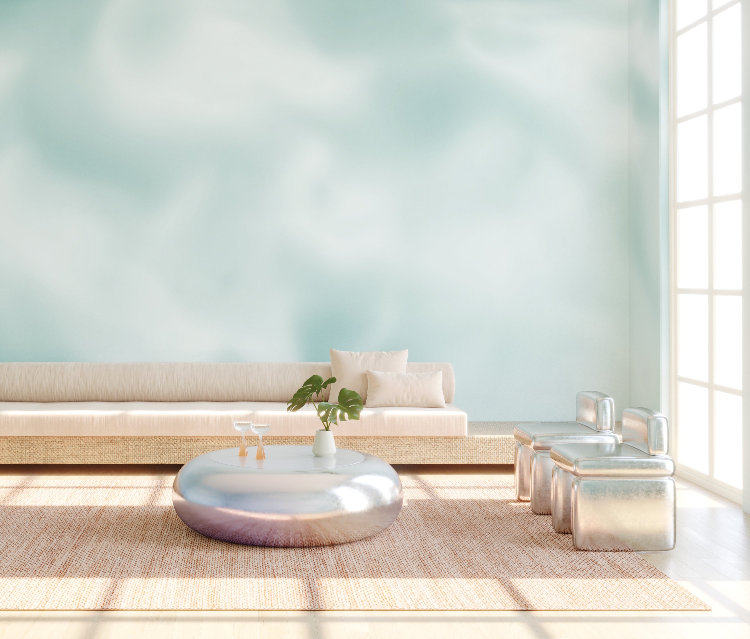 The Encore© Mural Wallpaper in Seaglass in a lobby area from drop it MODERN.