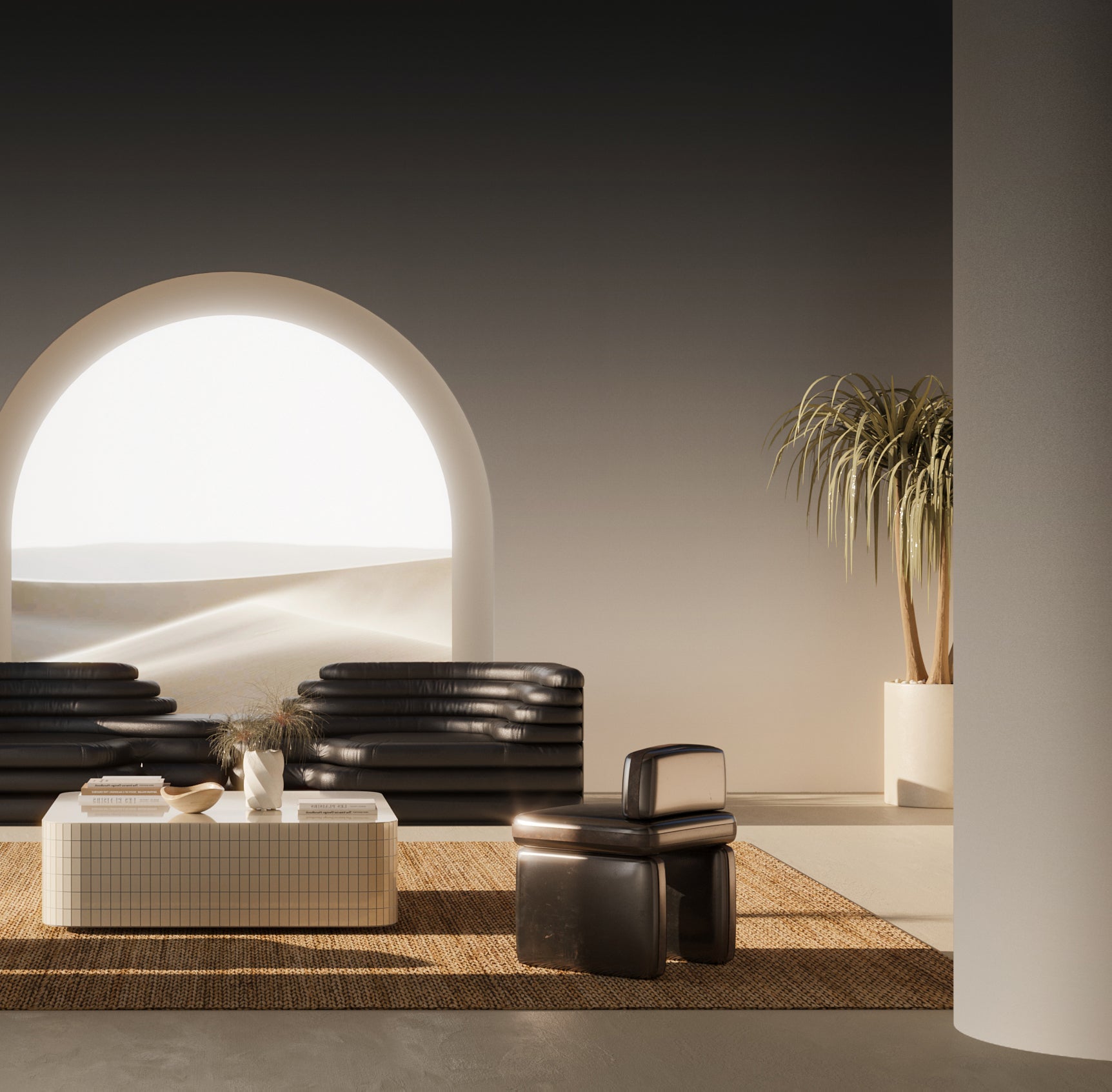 The Evaporate© Wallpaper in Charcoal in a desert interior from drop it MODERN.