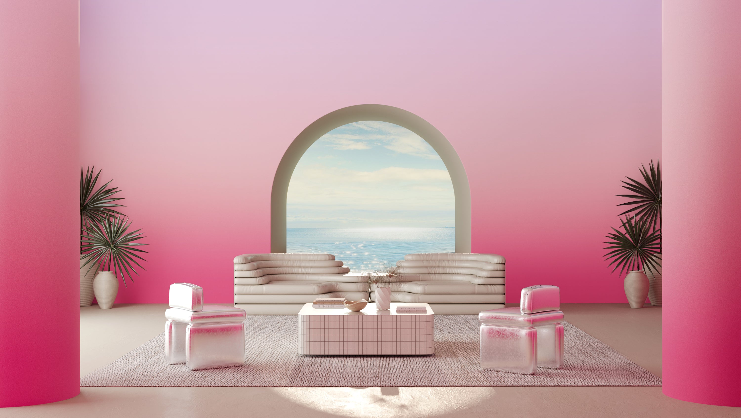 The Evaporate© Wallpaper in Magenta in a living room from drop it MODERN.