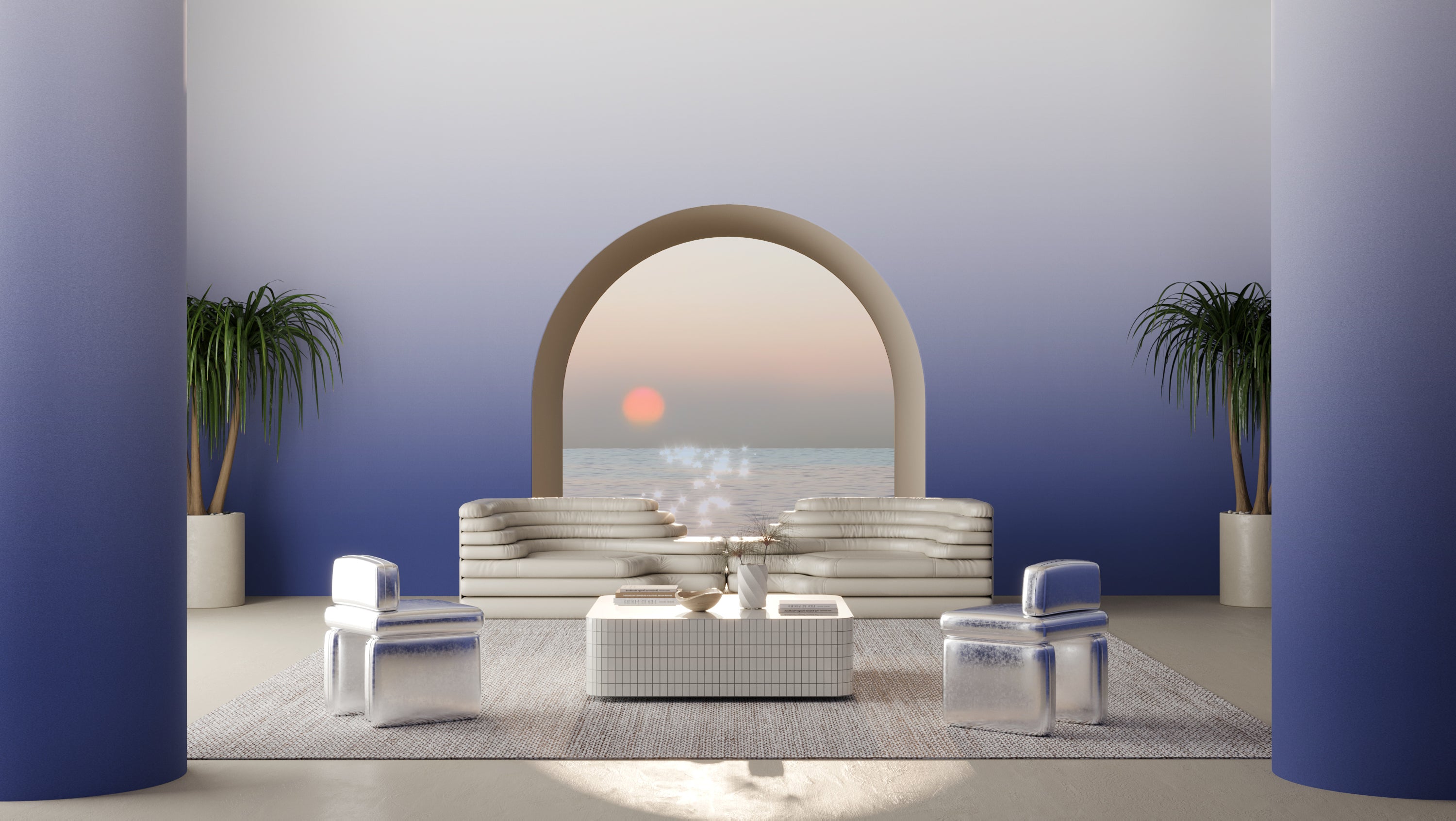 The Evaporate© Wallpaper in Royal Blue in a living room from drop it MODERN.