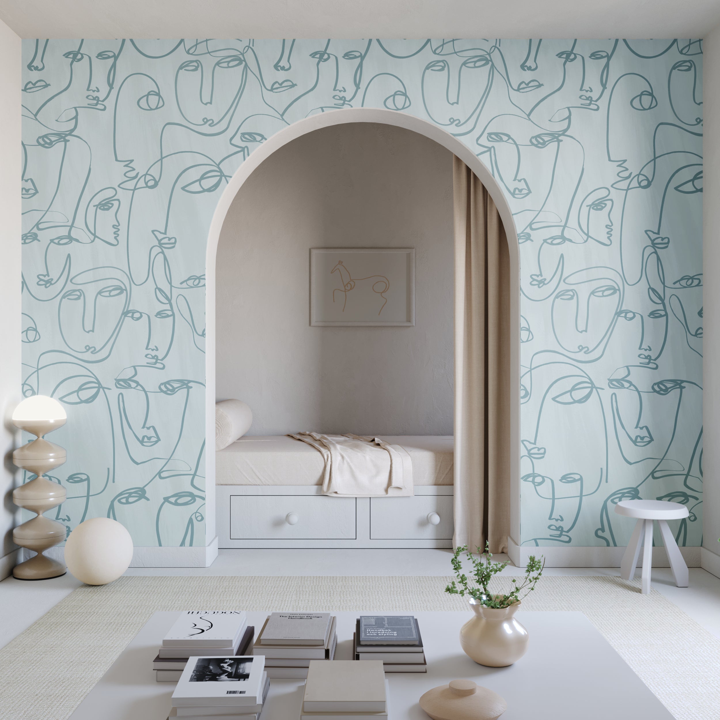 The Femme© Wallpaper in Chalk Blue in a bedroom from drop it MODERN.