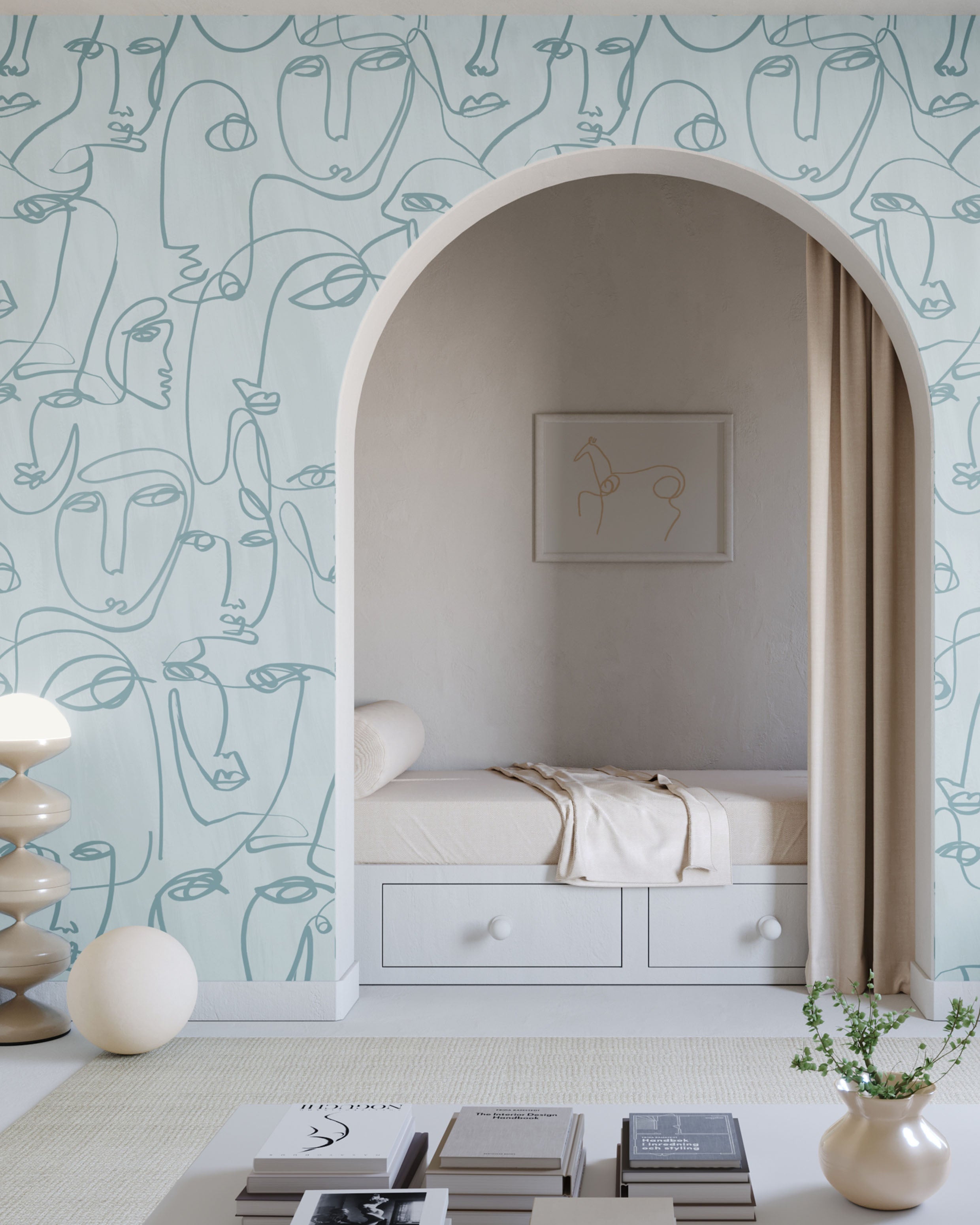The Femme© Wallpaper in Chalk Blue in an interior from drop it MODERN.