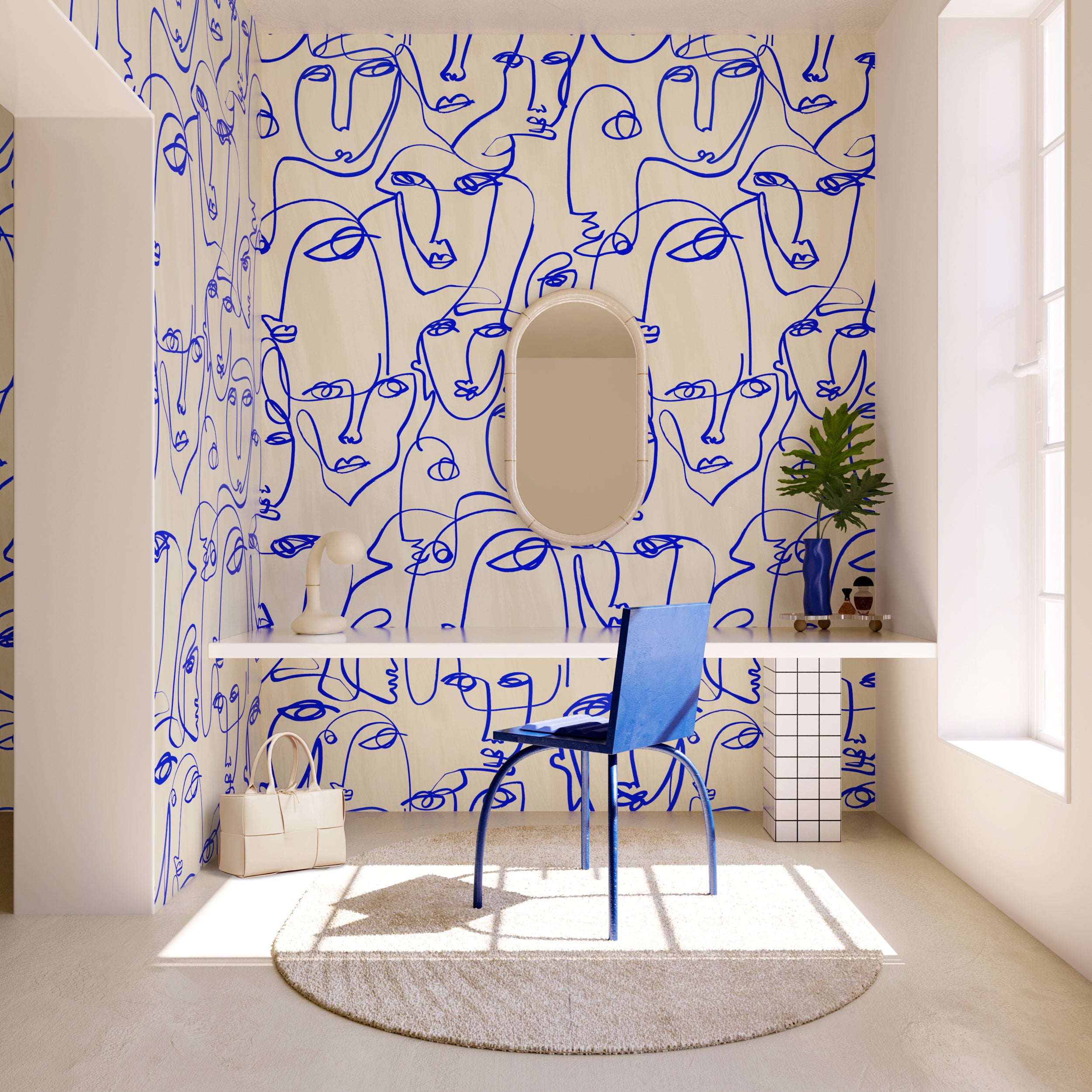 The Femme© Wallpaper in Cobalt in an interior from drop it MODERN.