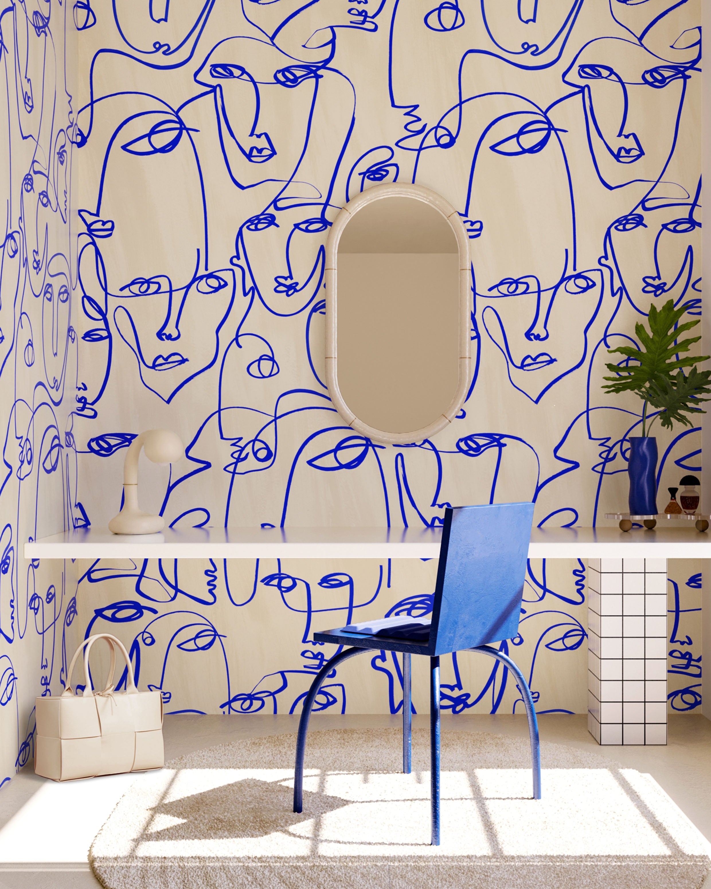 The Femme© Wallpaper in Cobalt in a vanity space from drop it MODERN.
