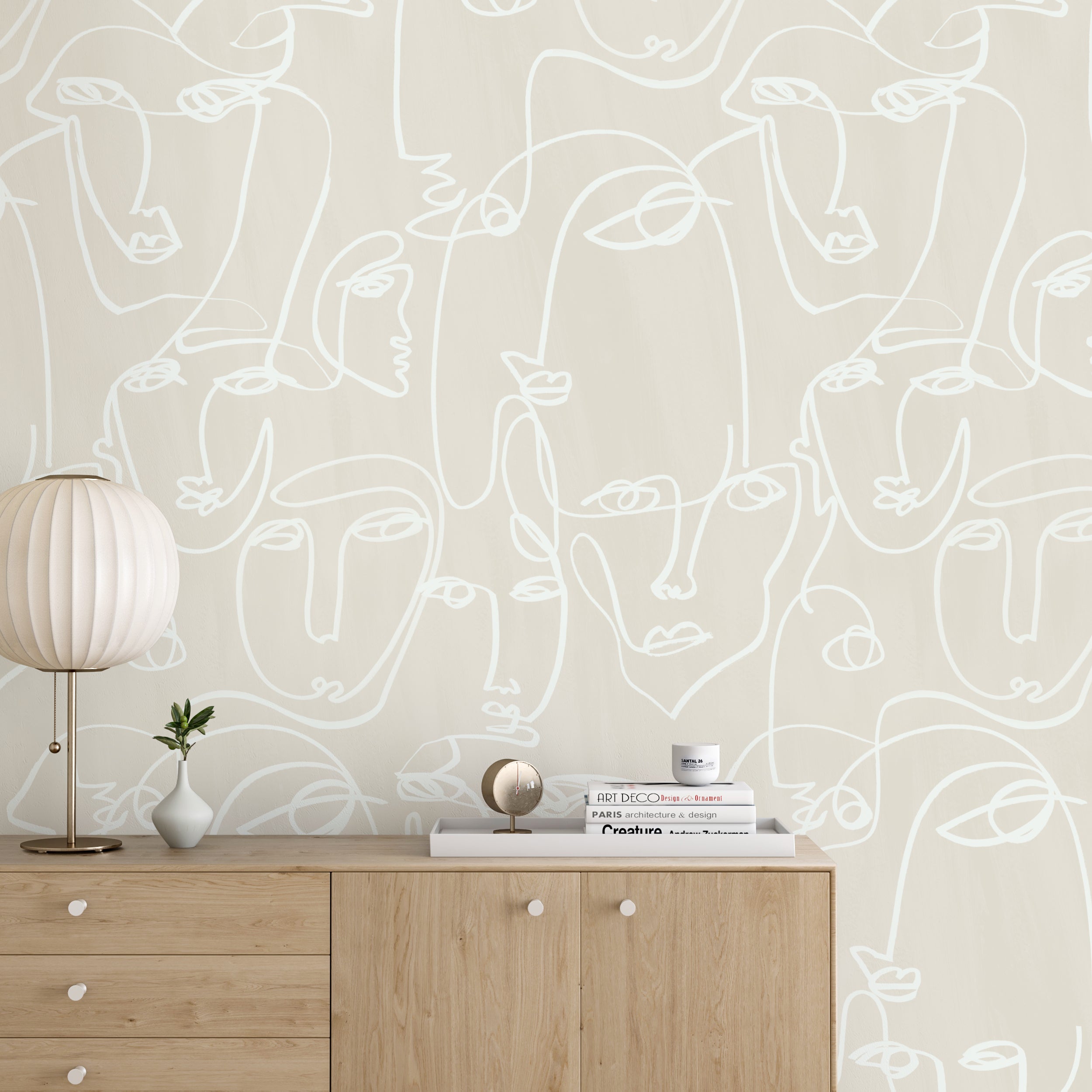 The Femme© Wallpaper in Cremé in an entryway from drop it MODERN.