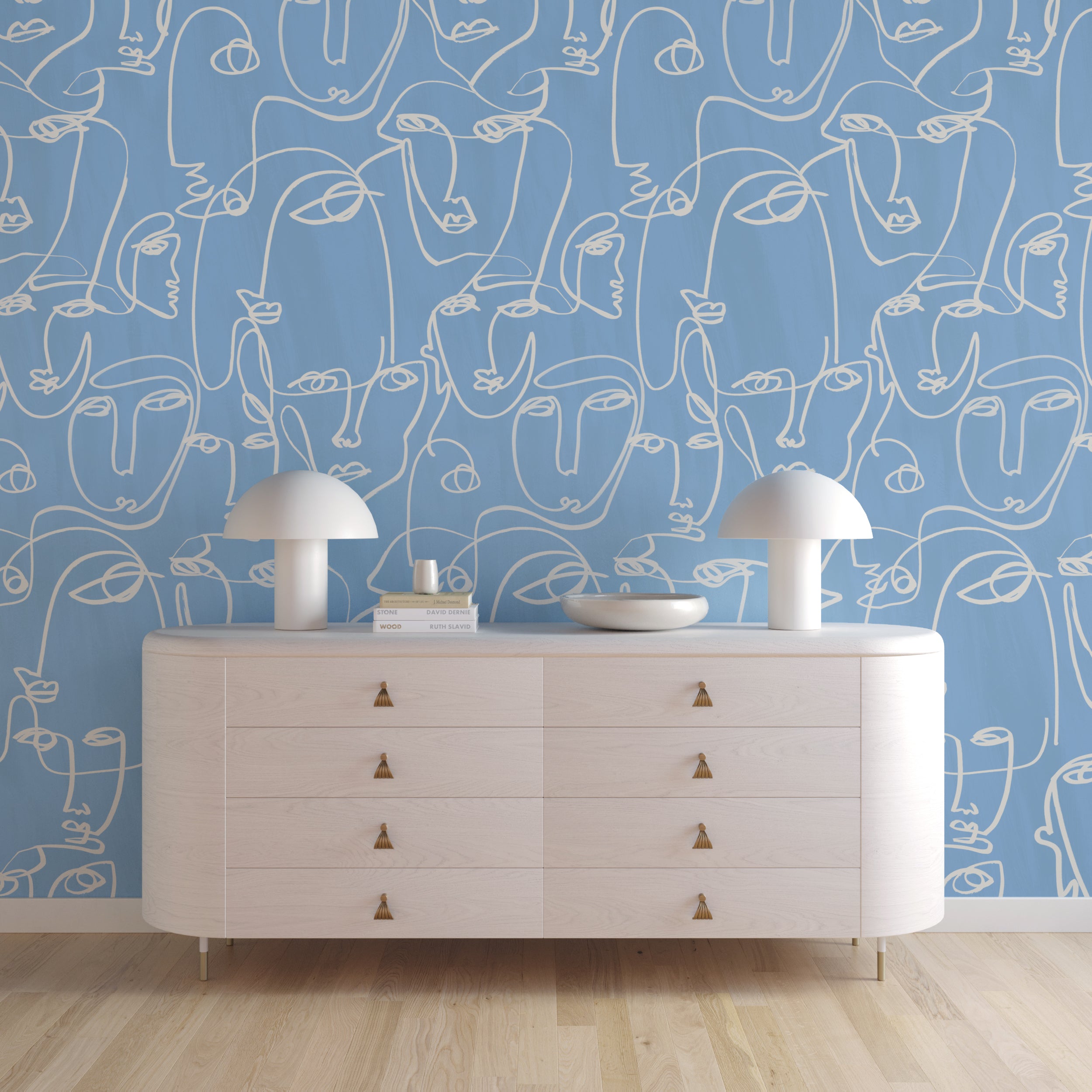 The Femme© Wallpaper in French Blue in an entryway from drop it MODERN.