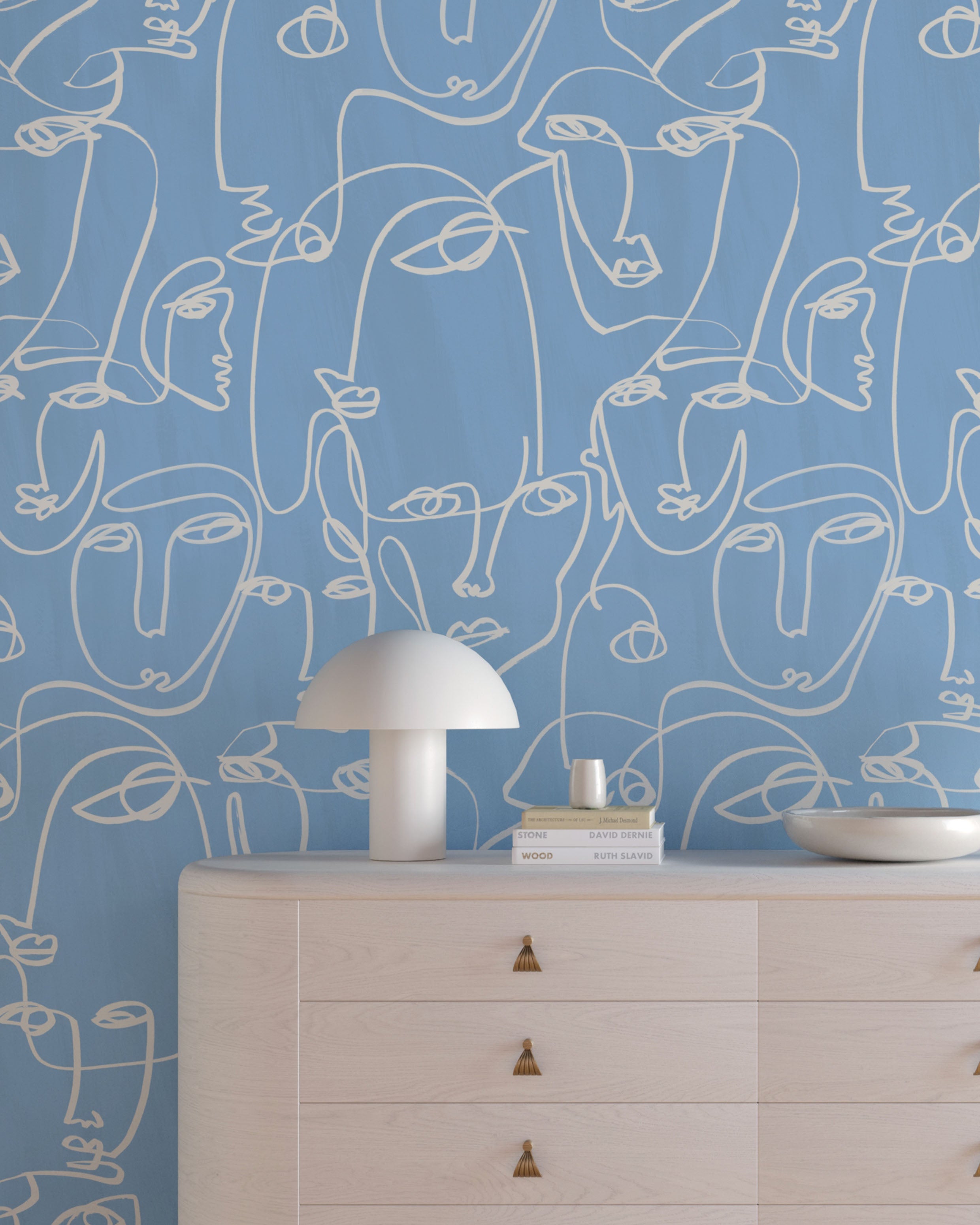 The Femme© Wallpaper in French Blue in an interior from drop it MODERN.