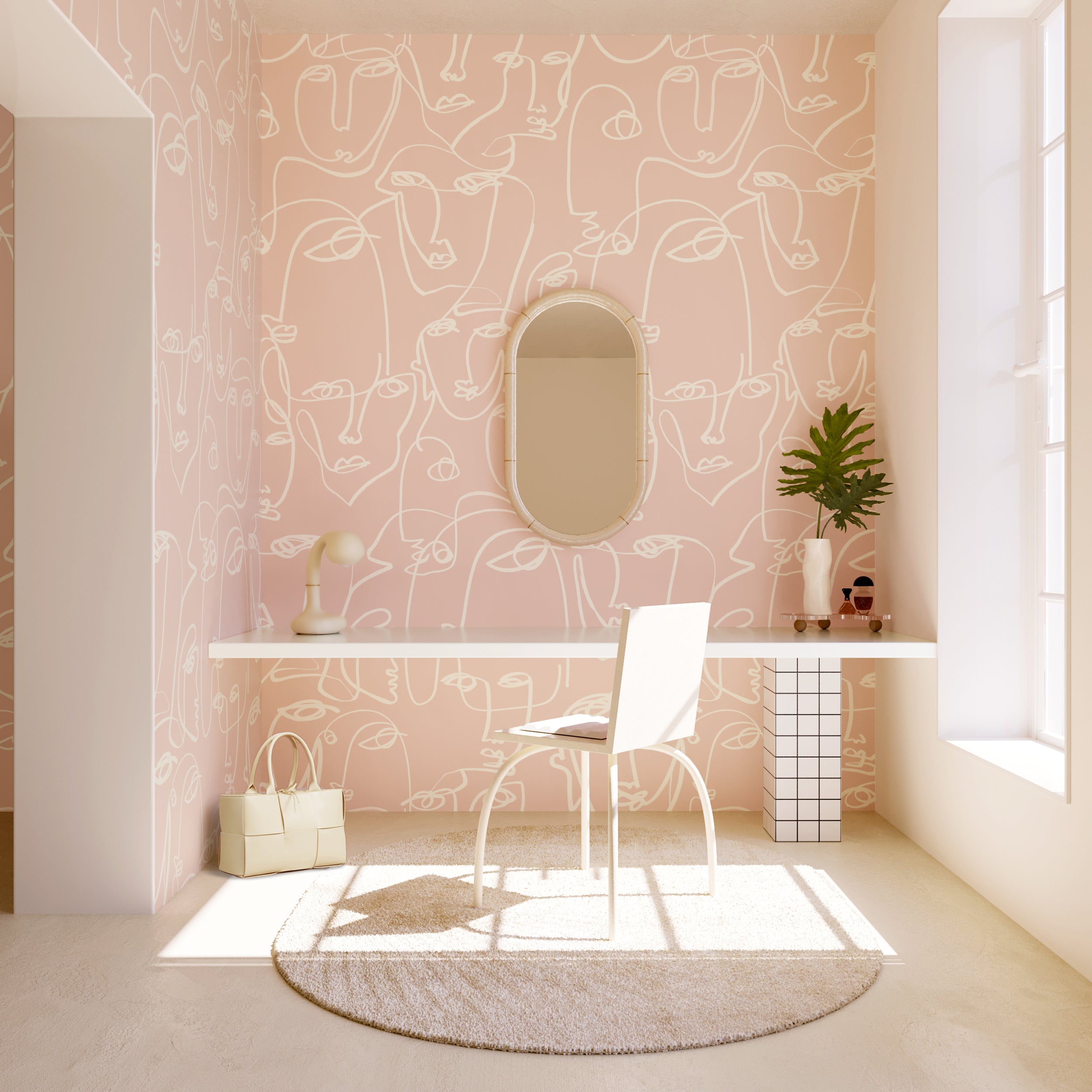 The Femme© Wallpaper in Pink in a vanity space from drop it MODERN.