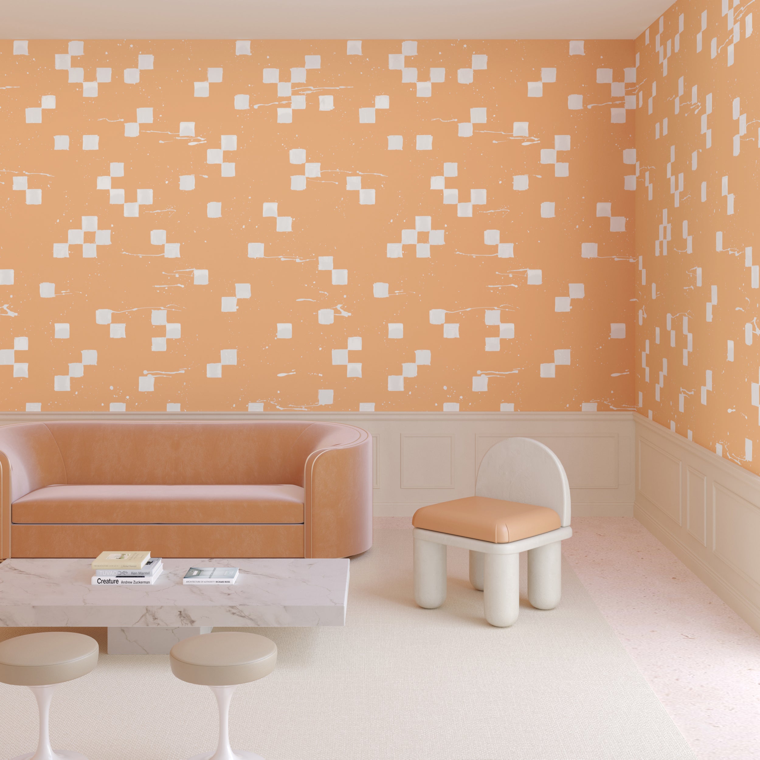 The Finali© Wallpaper in Cantaloupe in a living room setting from drop it MODERN.