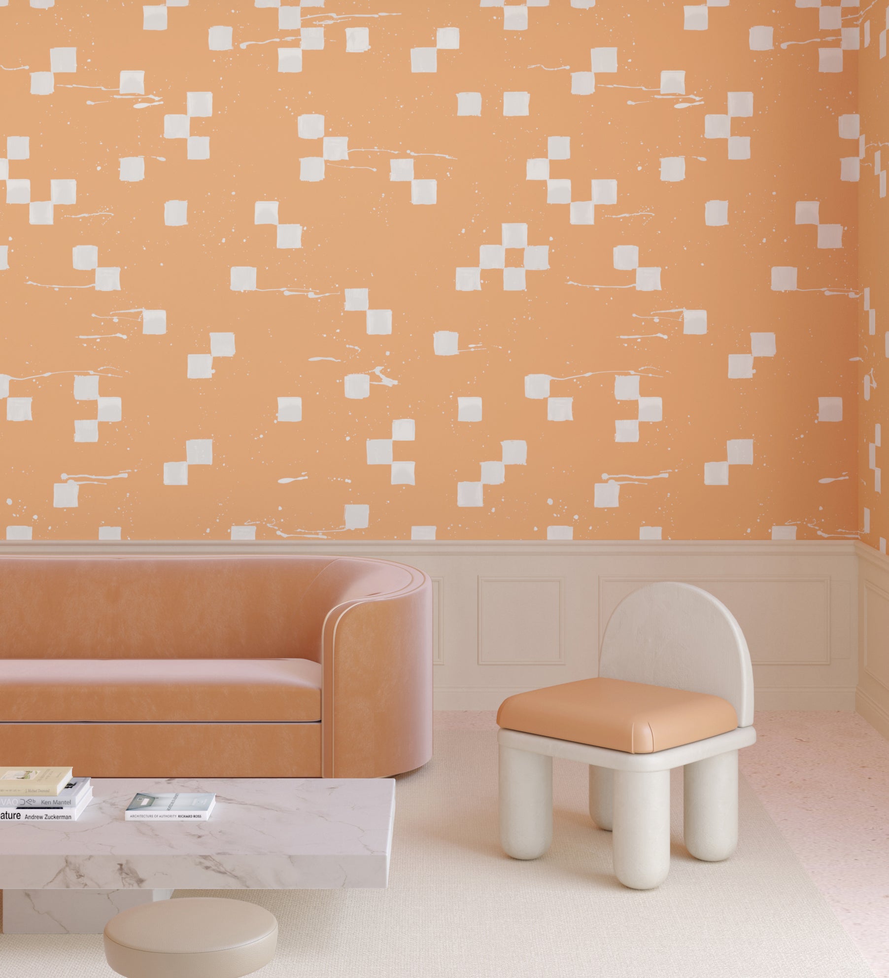 The Finali© Wallpaper in Cantaloupe in an interior from drop it MODERN.