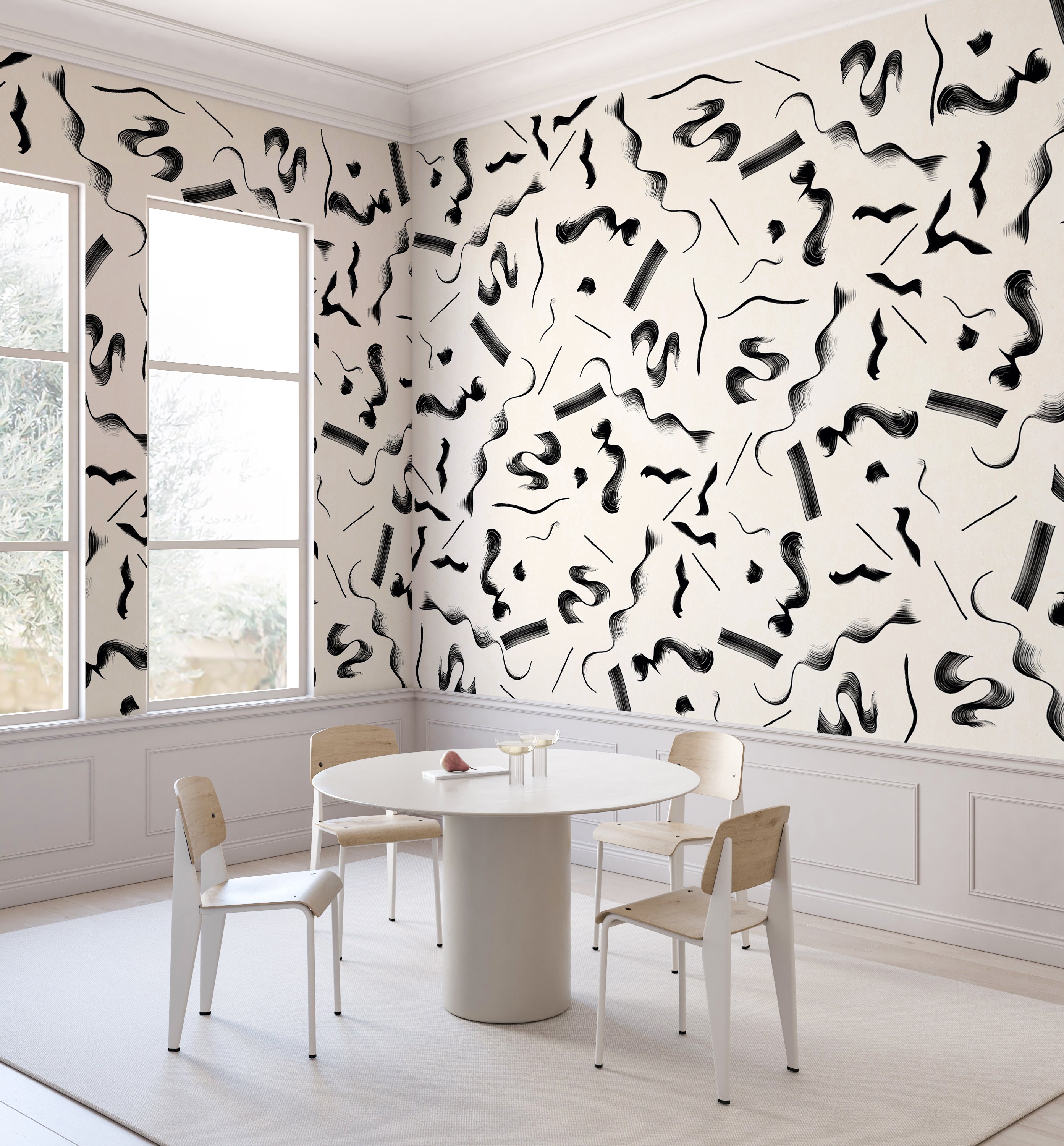 The Fusilli© Wallpaper in black + creme in a dining room from drop it MODERN.