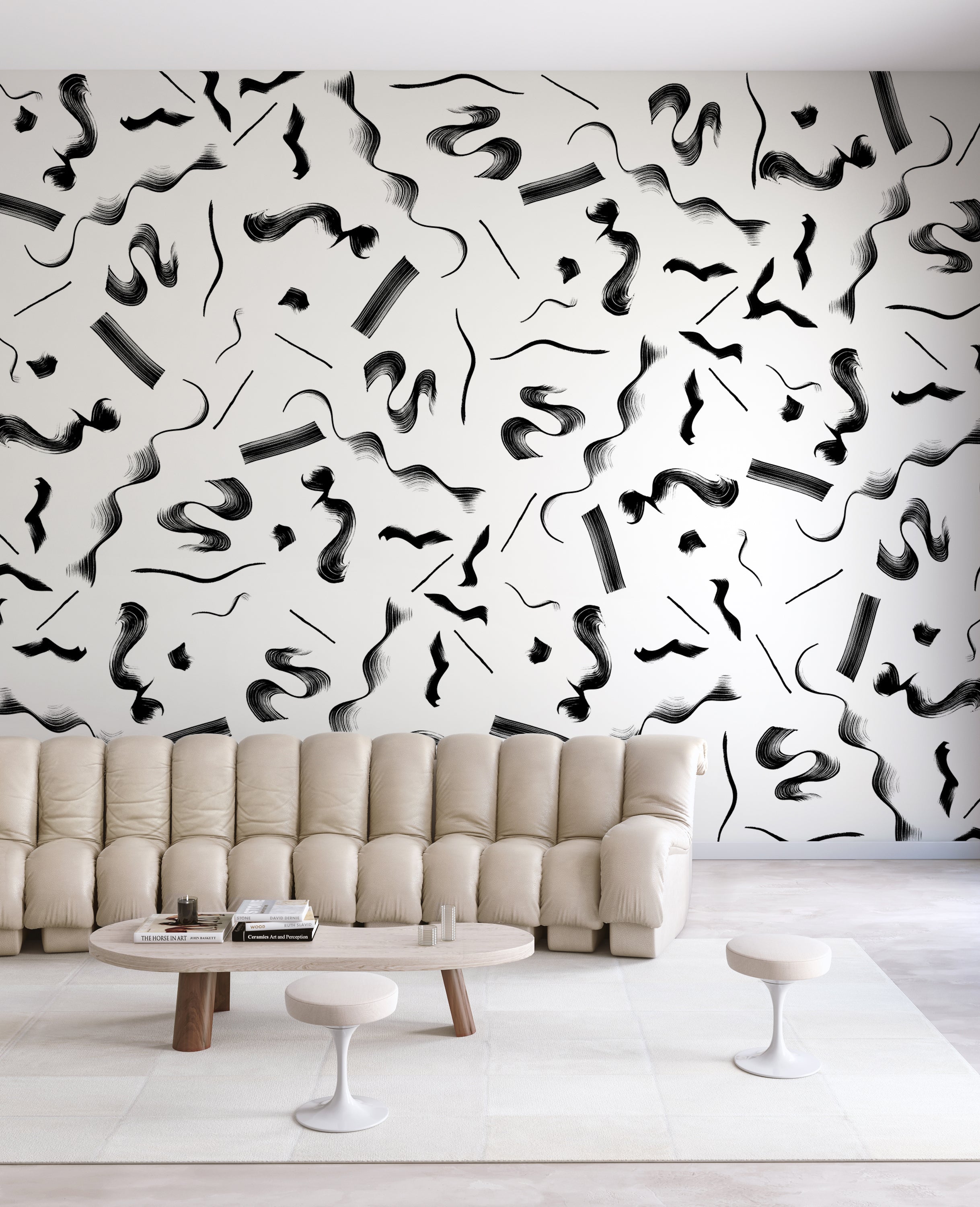 The Fusilli© Wallpaper in black + white in a living room from drop it MODERN.