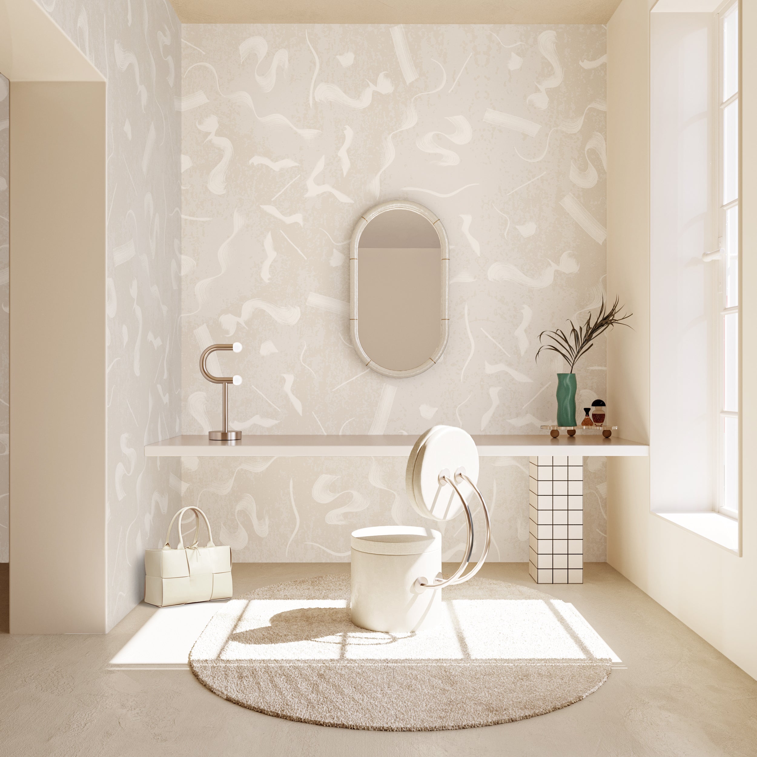 The Fusilli© Wallpaper in chalk in a vanity from drop it MODERN.