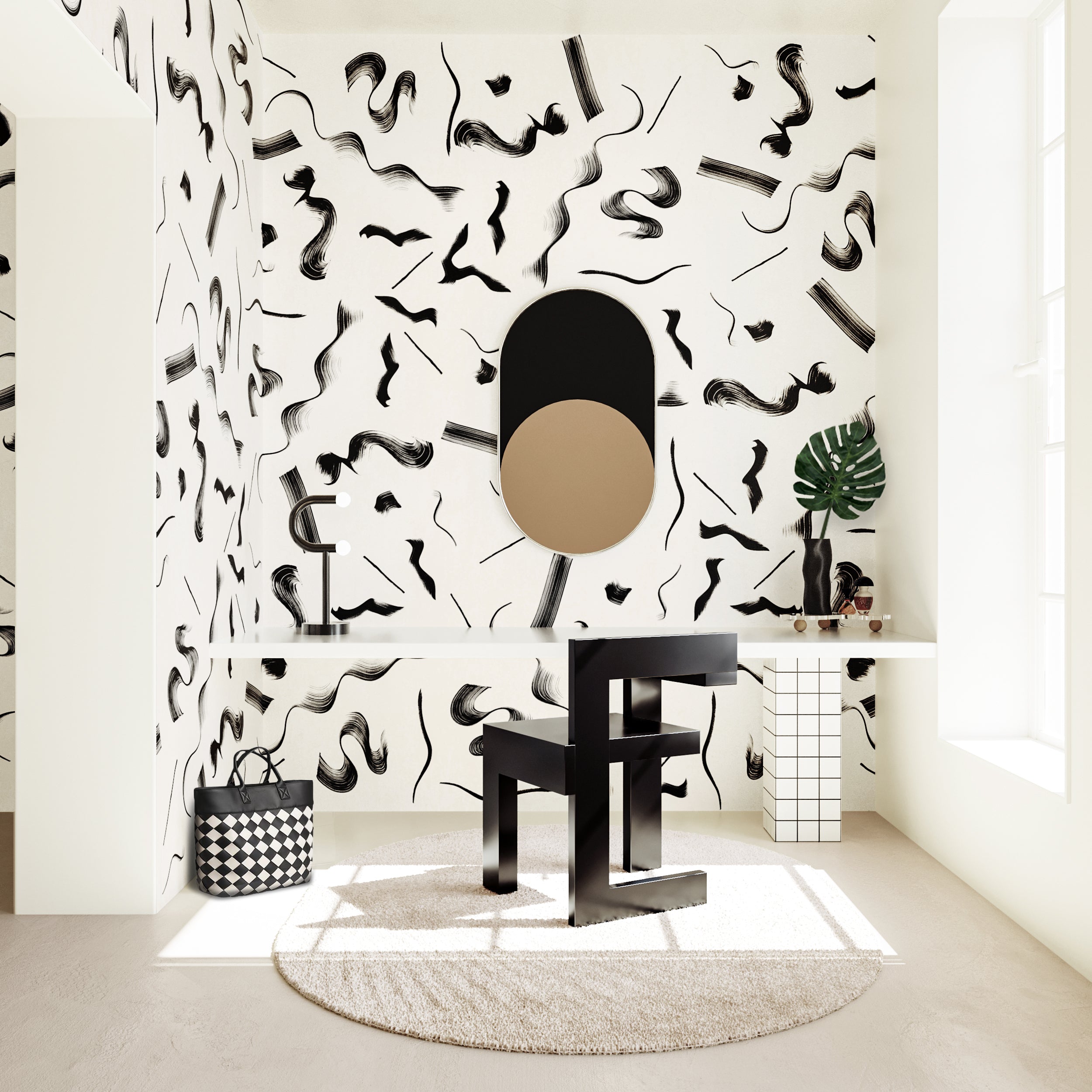 The Fusilli© Wallpaper in black + creme in a vanity area from drop it MODERN.