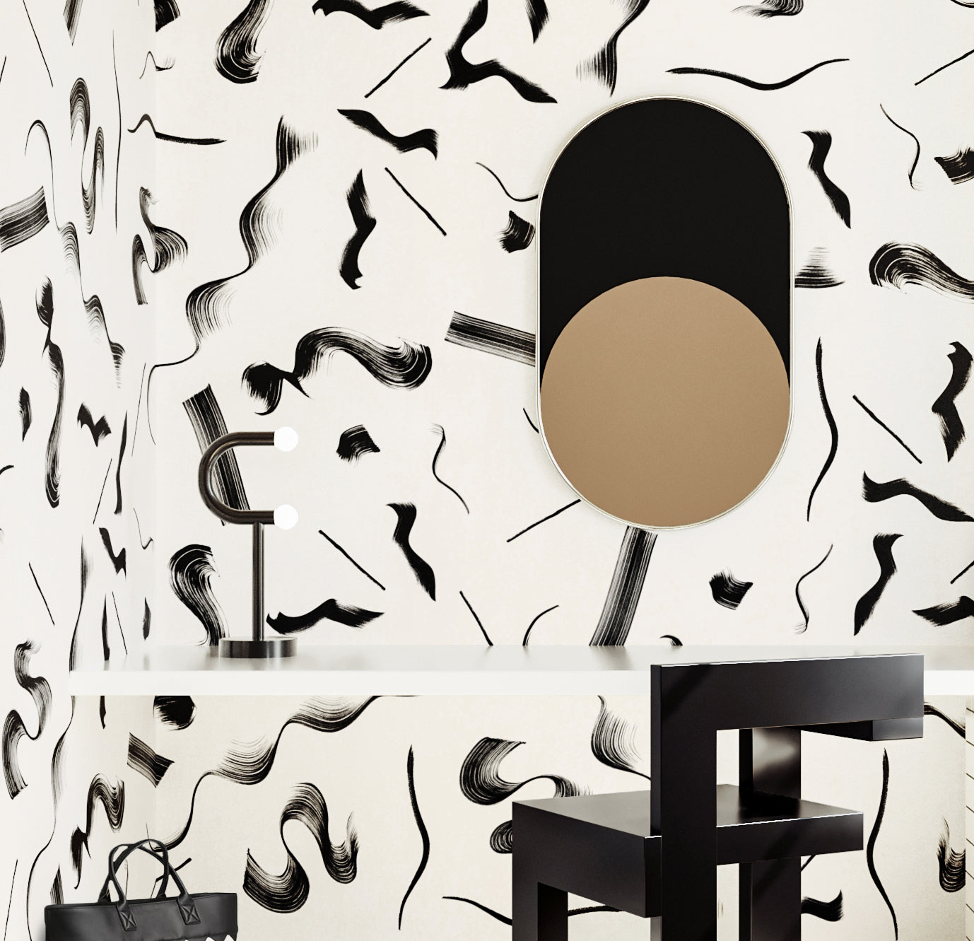 Fusilli© Wallpaper in black + creme in an interior from drop it modern.