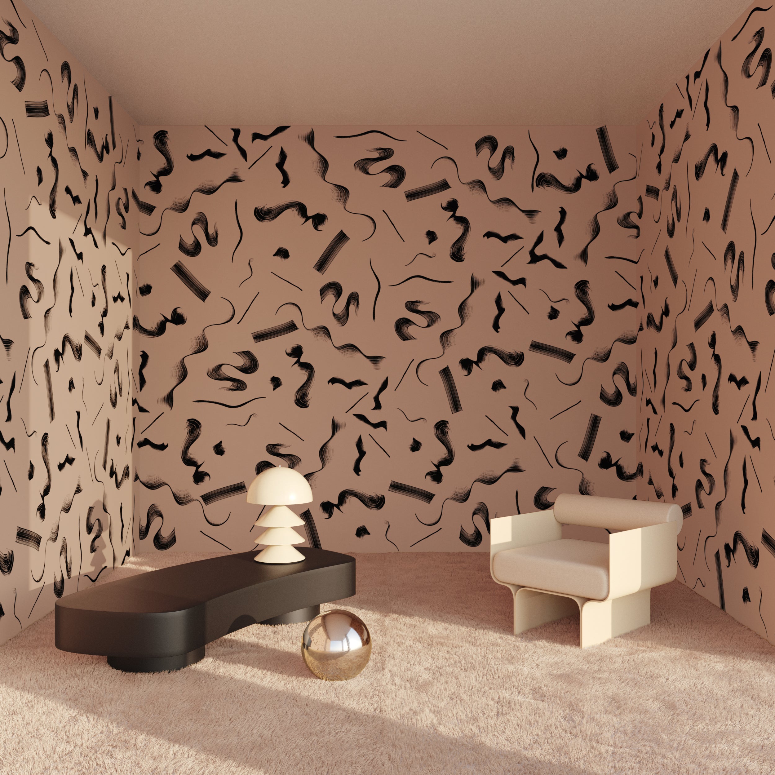 The Fusilli© Wallpaper in sahara in a lounge area from drop it MODERN.