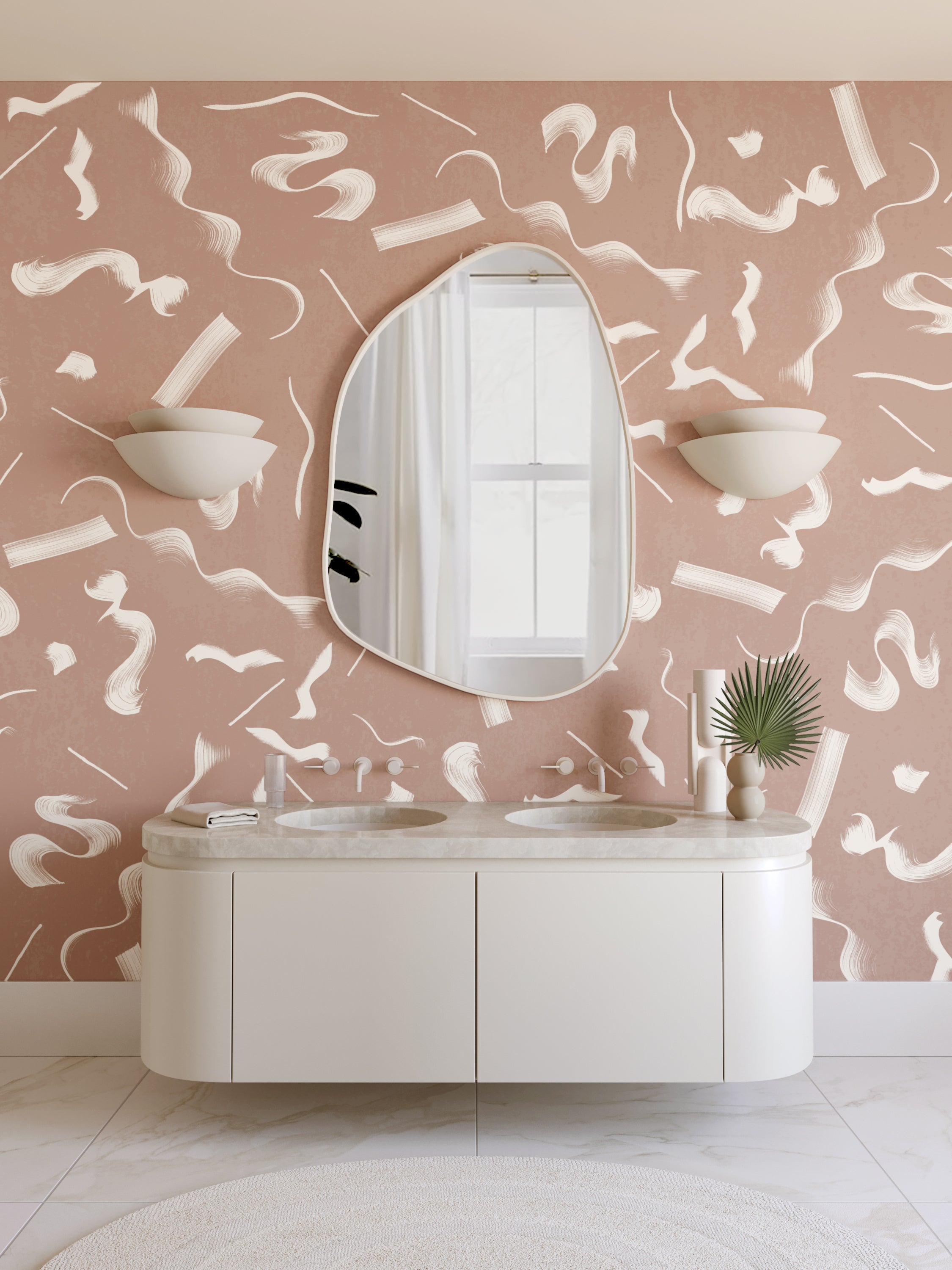 The Fusilli© Wallpaper in terracotta in a bathroom from drop it MODERN.