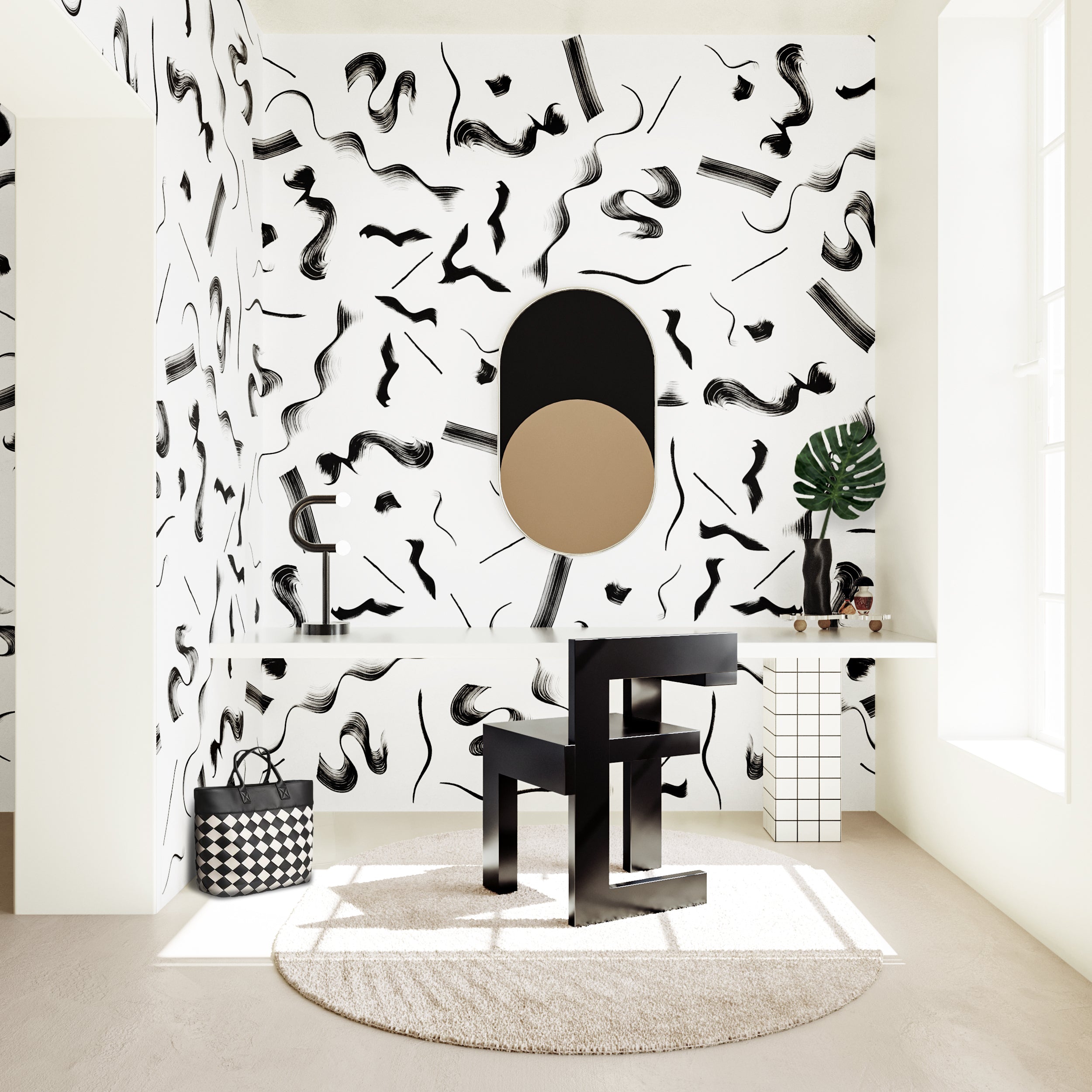 The Fusilli© Wallpaper in black + white in a vanity from drop it MODERN.