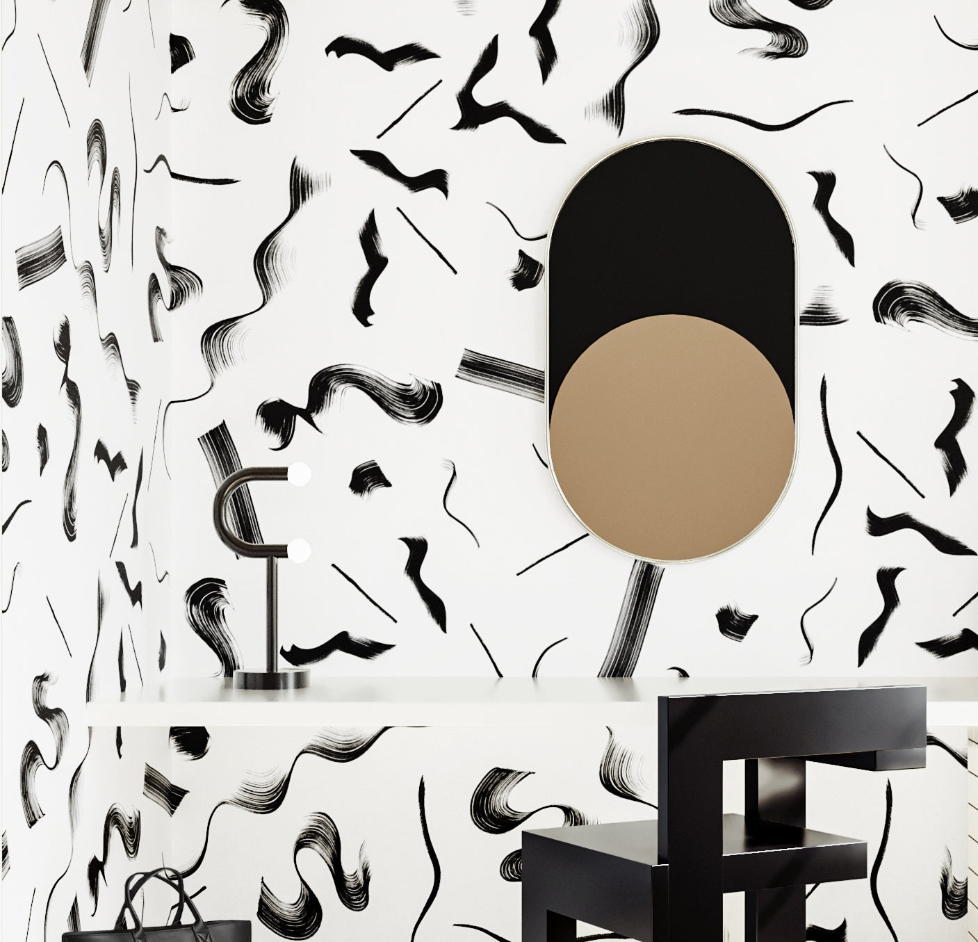The Fusilli© Wallpaper in black + white in an interior from drop it MODERN.