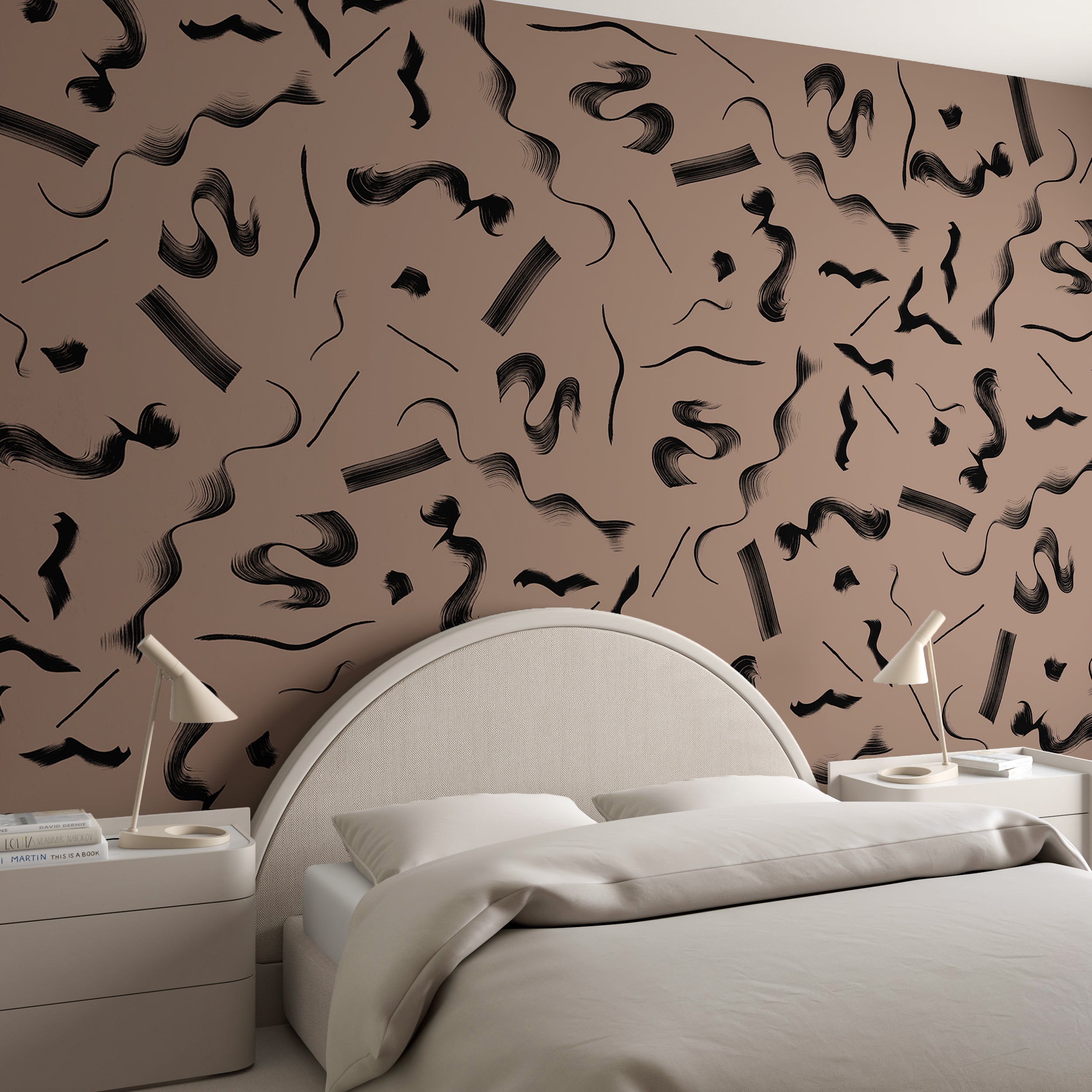 The Fusilli© Wallpaper in sahara in a bedroom from drop it MODERN.