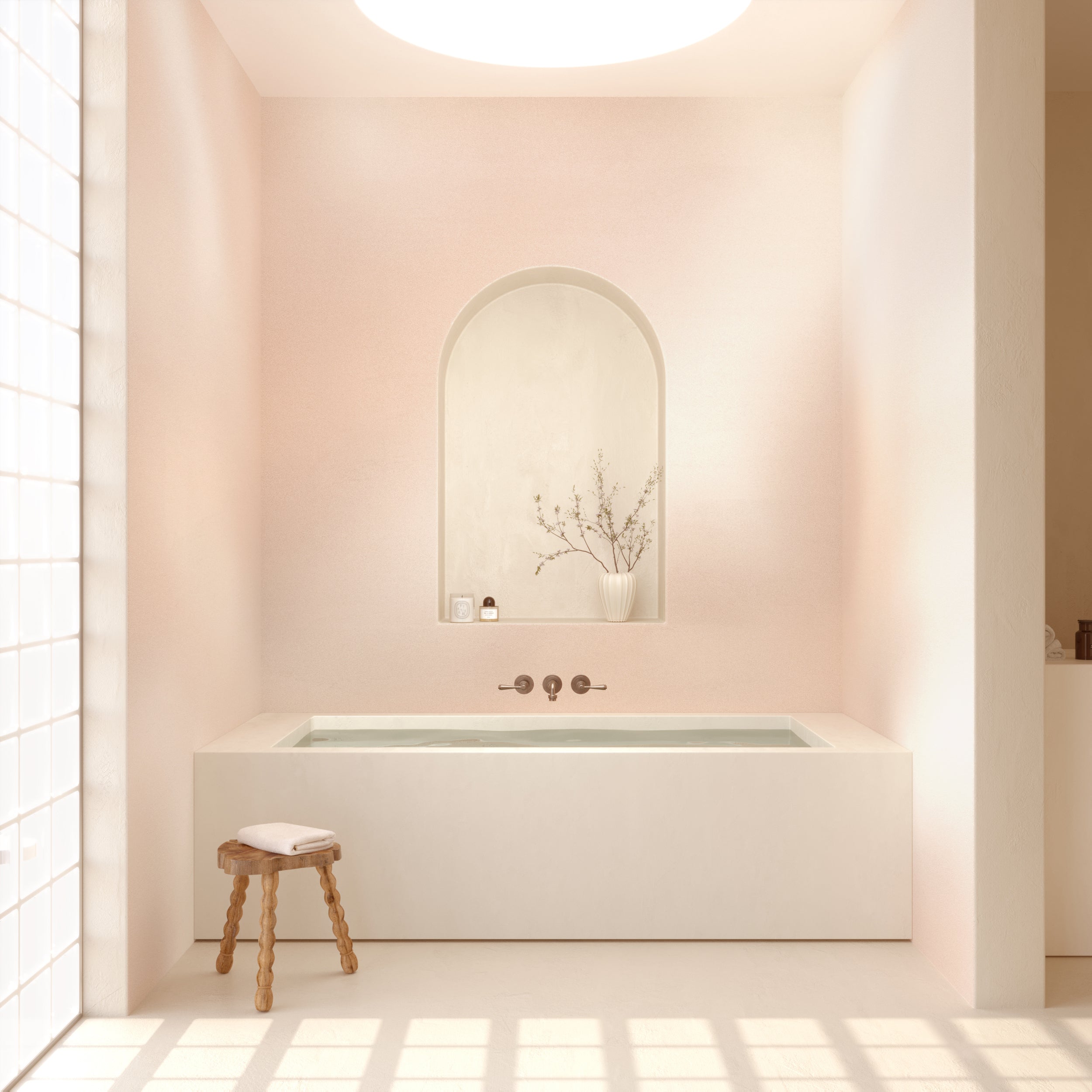 The Galaxy© Mural Wallpaper in Buff in a bathroom from drop it MODERN.