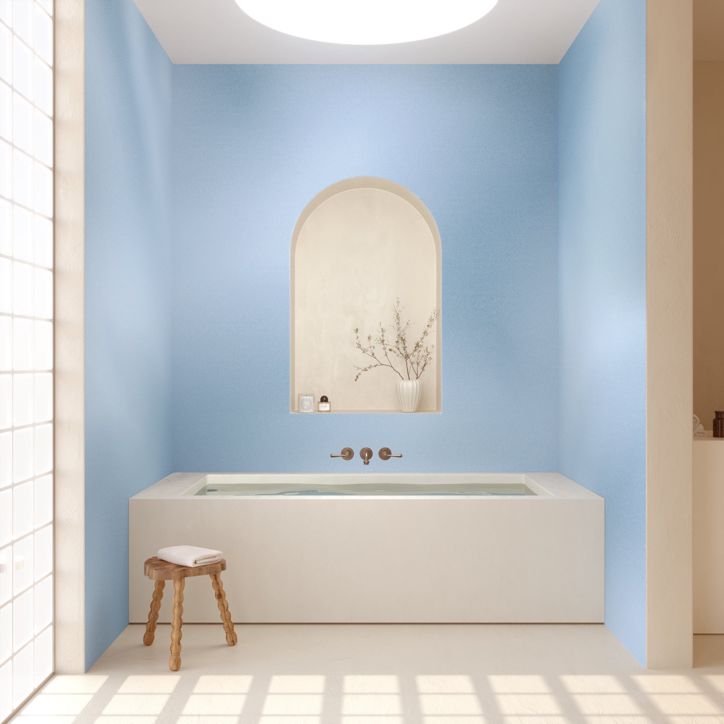 The Galaxy© Mural Wallpaper in Sky Blue in a bathroom from drop it MODERN.
