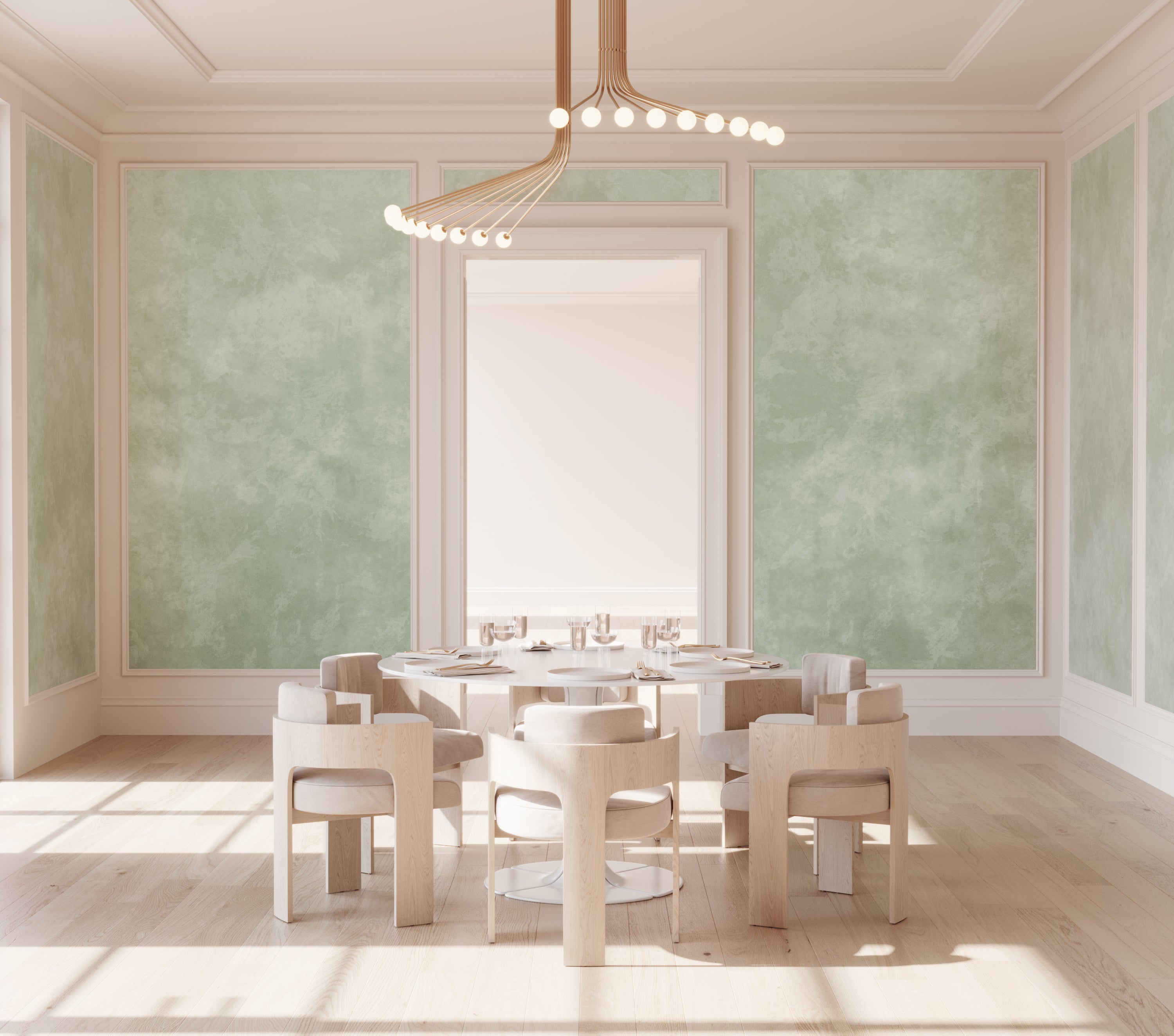 The Heavenly© Mural Wallpaper in Sage in a dining room from drop it MODERN