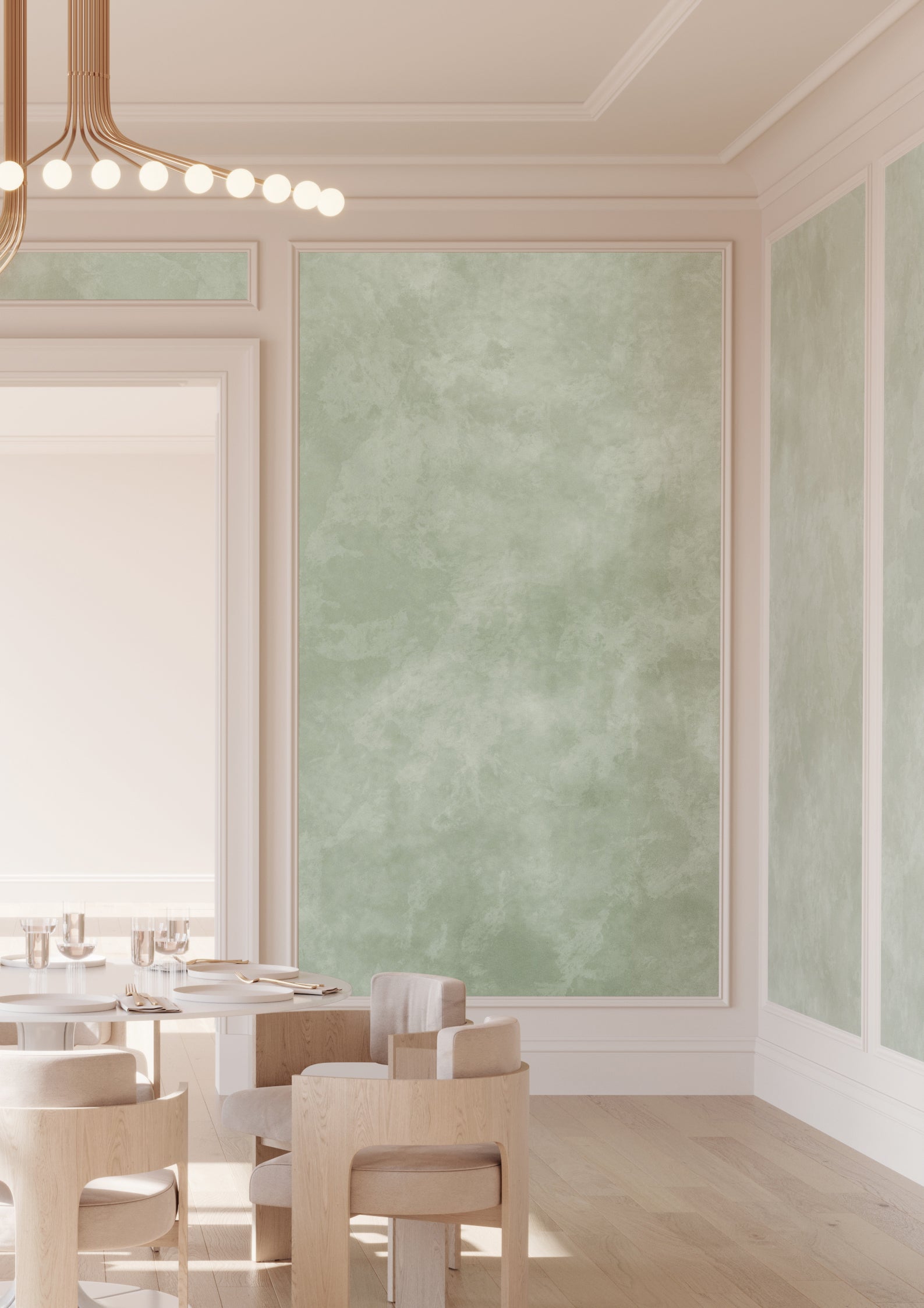 The Heavenly© Mural Wallpaper in Sage in an interior from drop it MODERN