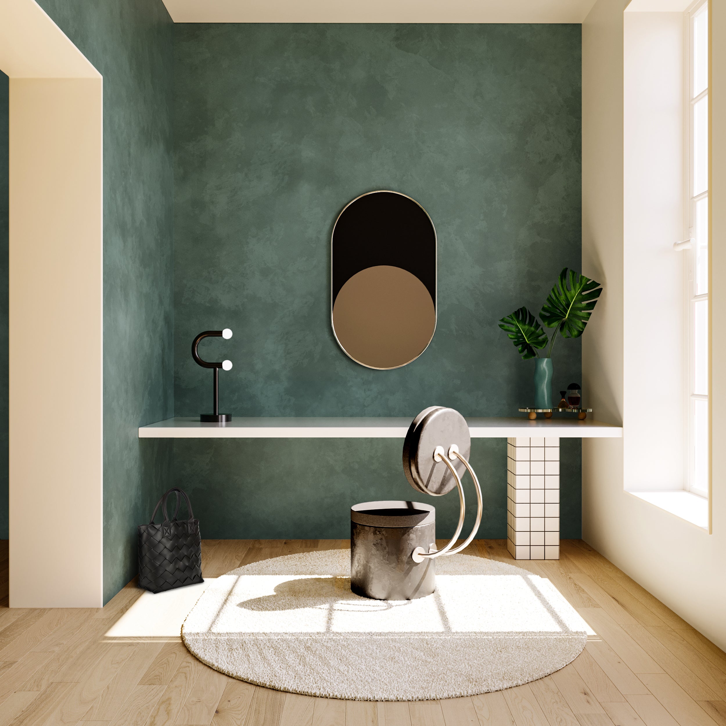 The Heavenly© Mural Wallpaper in Teal in a vanity space from drop it MODERN
