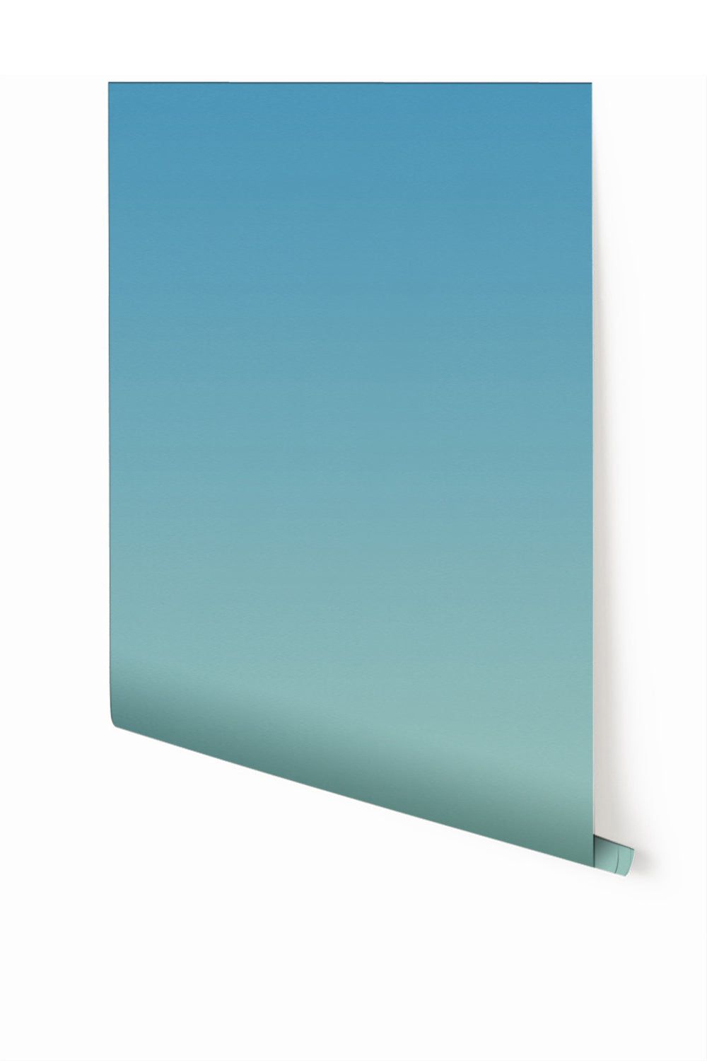 A rolled piece of wallpaper showing a gradient of blue to green colors with a visible vertical design repeat from drop it MODERN.