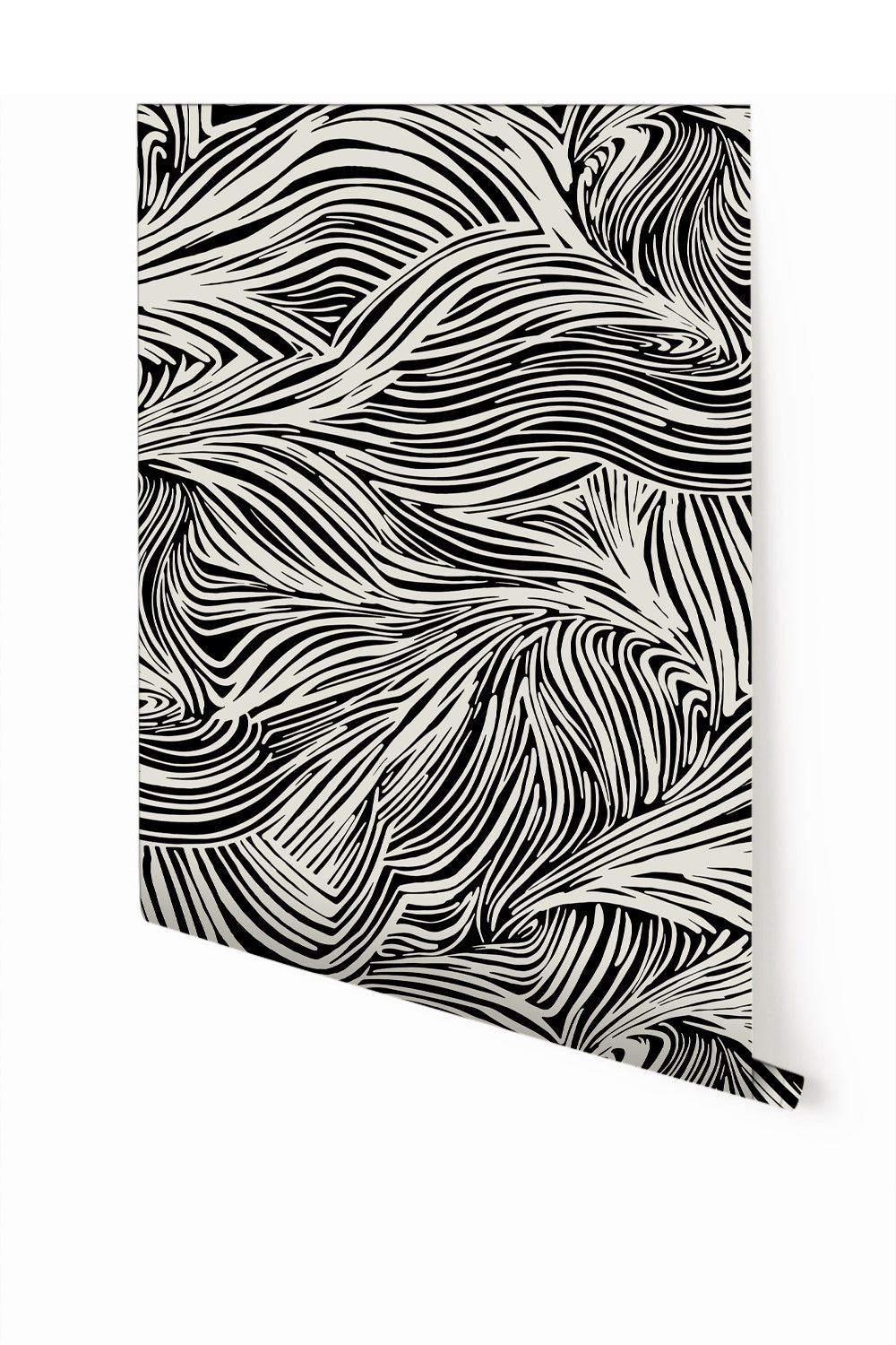A roll of wallpaper featuring a geometric pattern with black and white lines creating a abstract design from drop it MODERN.