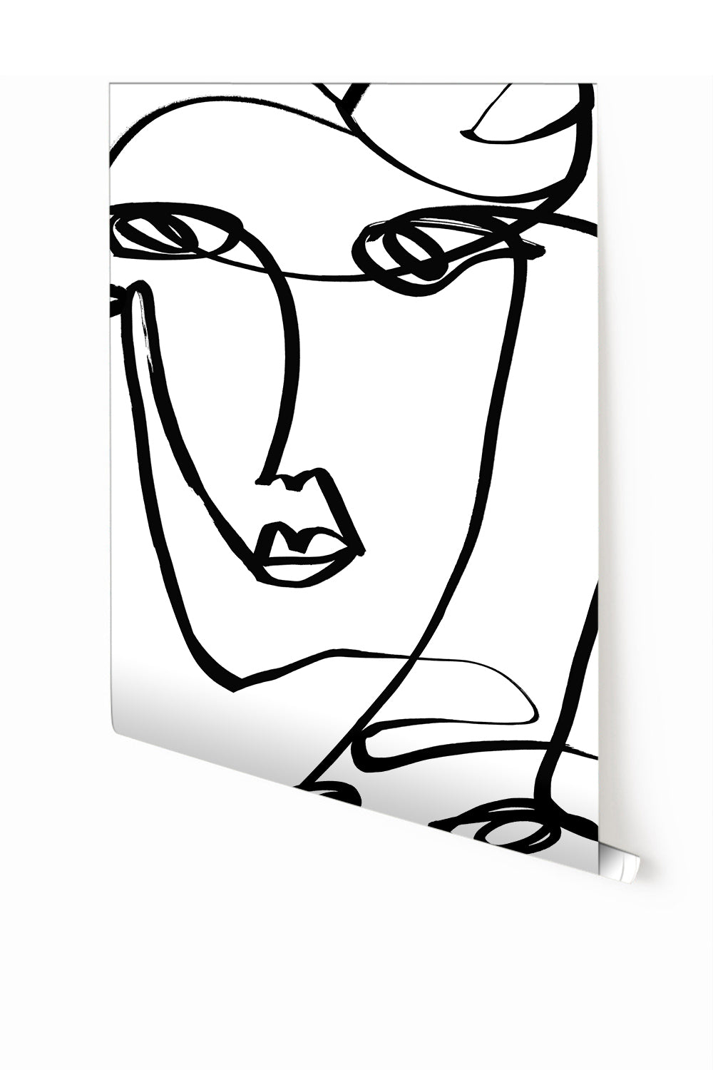 A panel of wallpaper featuring a black and white line drawing of a female face from drop it MODERN.
