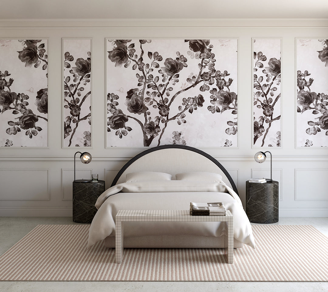 The Eden© Mural Wallpaper in Noir in a bedroom from drop it MODERN.