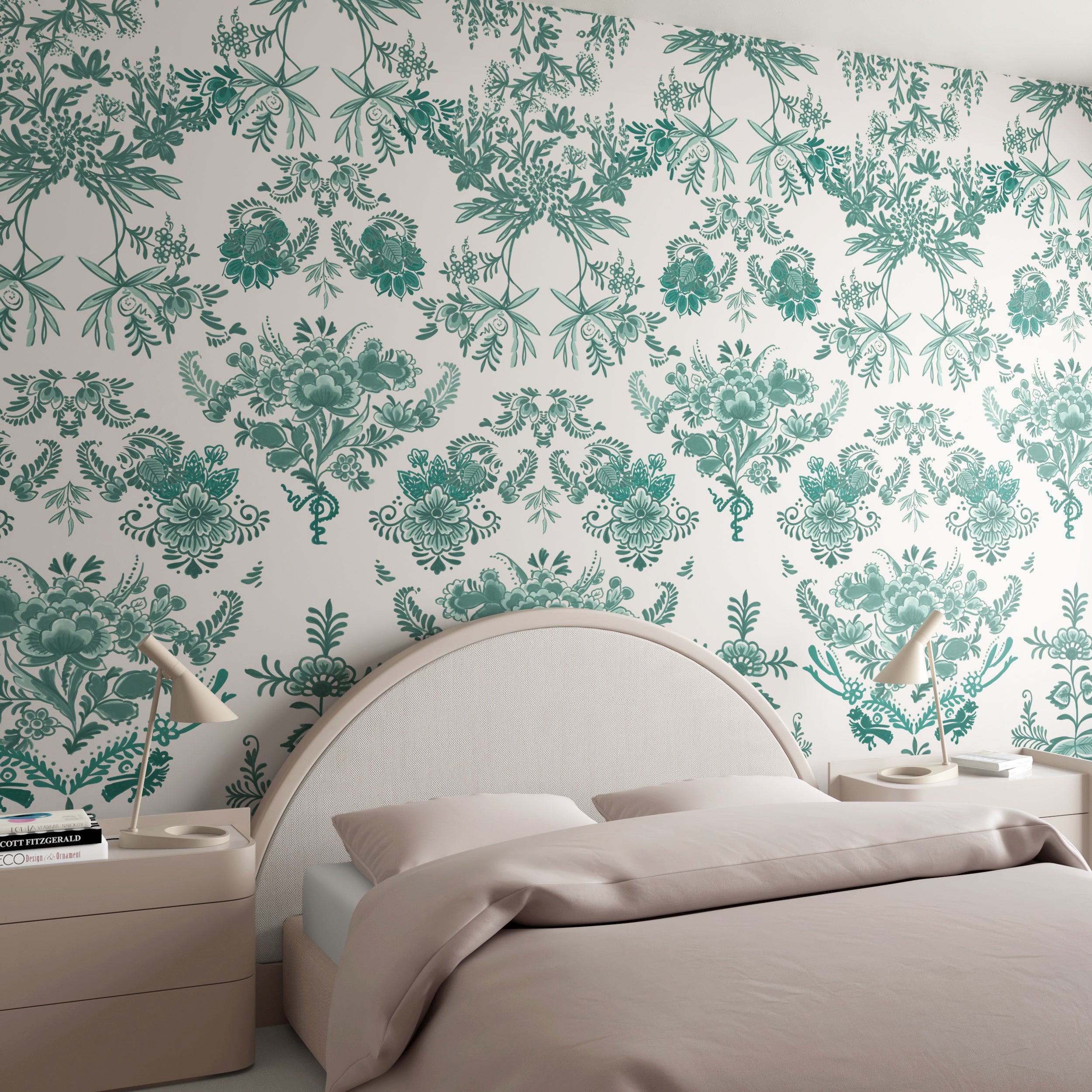 The Delft© Mural Wallpaper in Green in a bedroom from drop it MODERN.