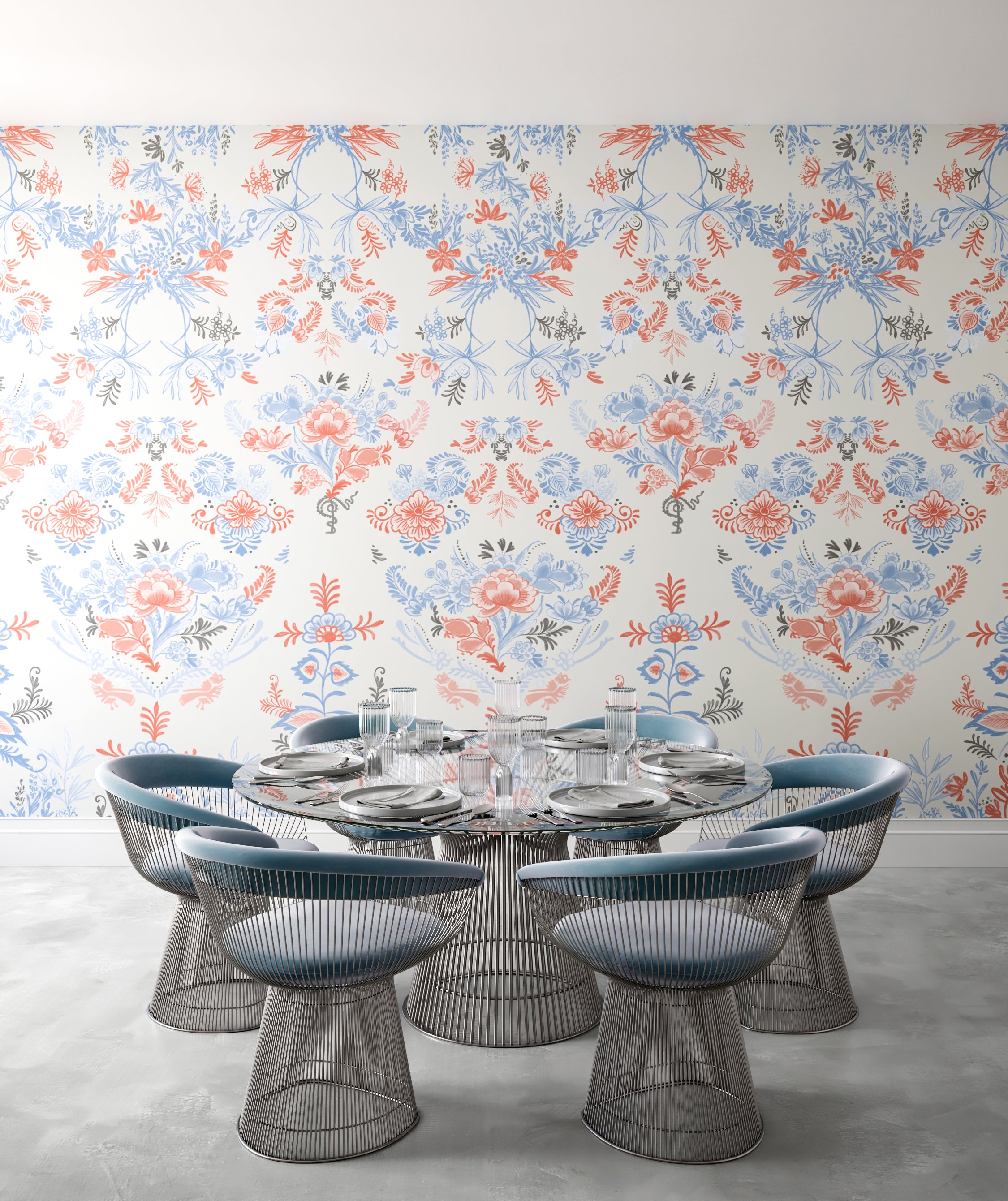 The Delft© Mural Wallpaper in Multicolor in a dining room setting from drop it MODERN.