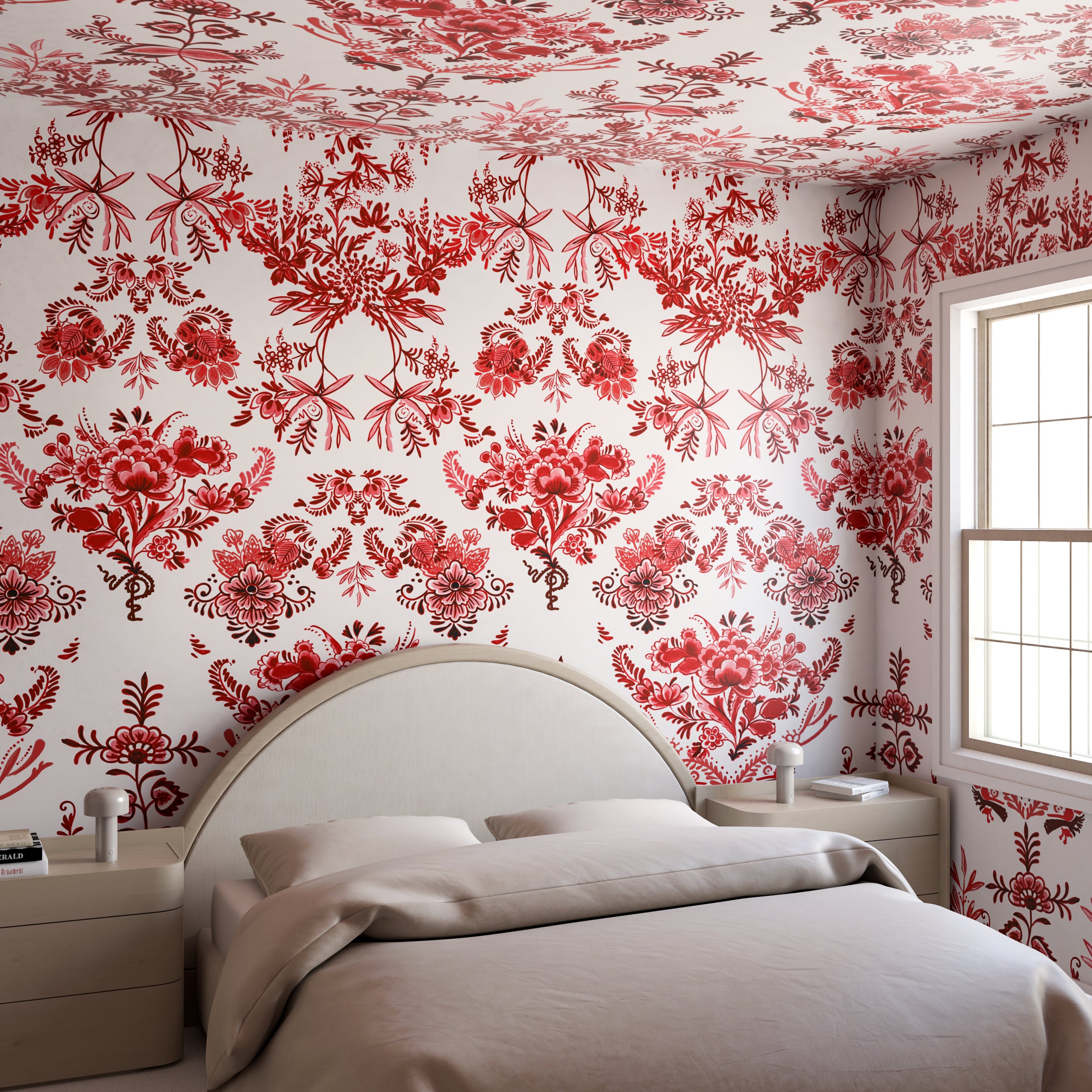 The Delft© Mural Wallpaper in Red in a bedroom setting from drop it MODERN.