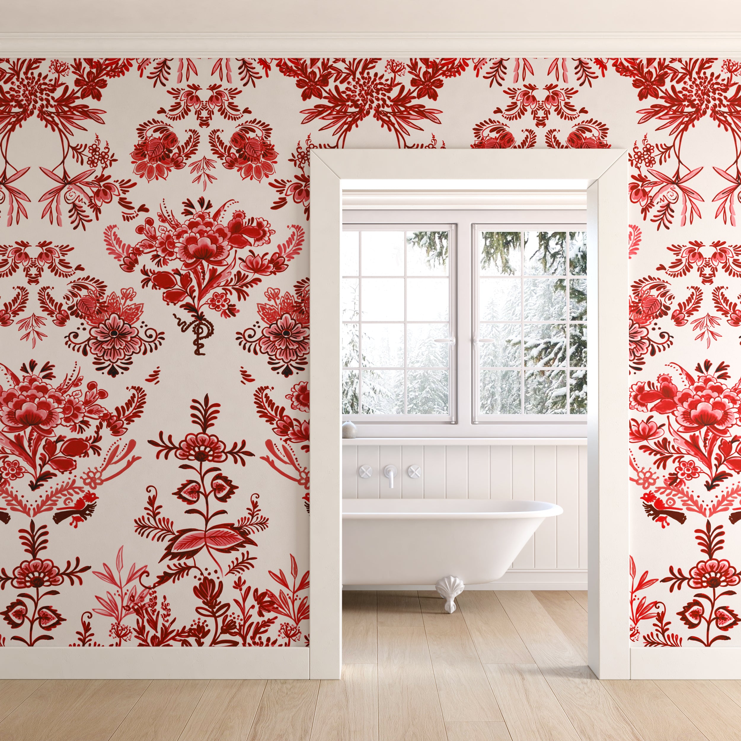 The Delft© Mural Wallpaper in Red in a bathroom setting from drop it MODERN.