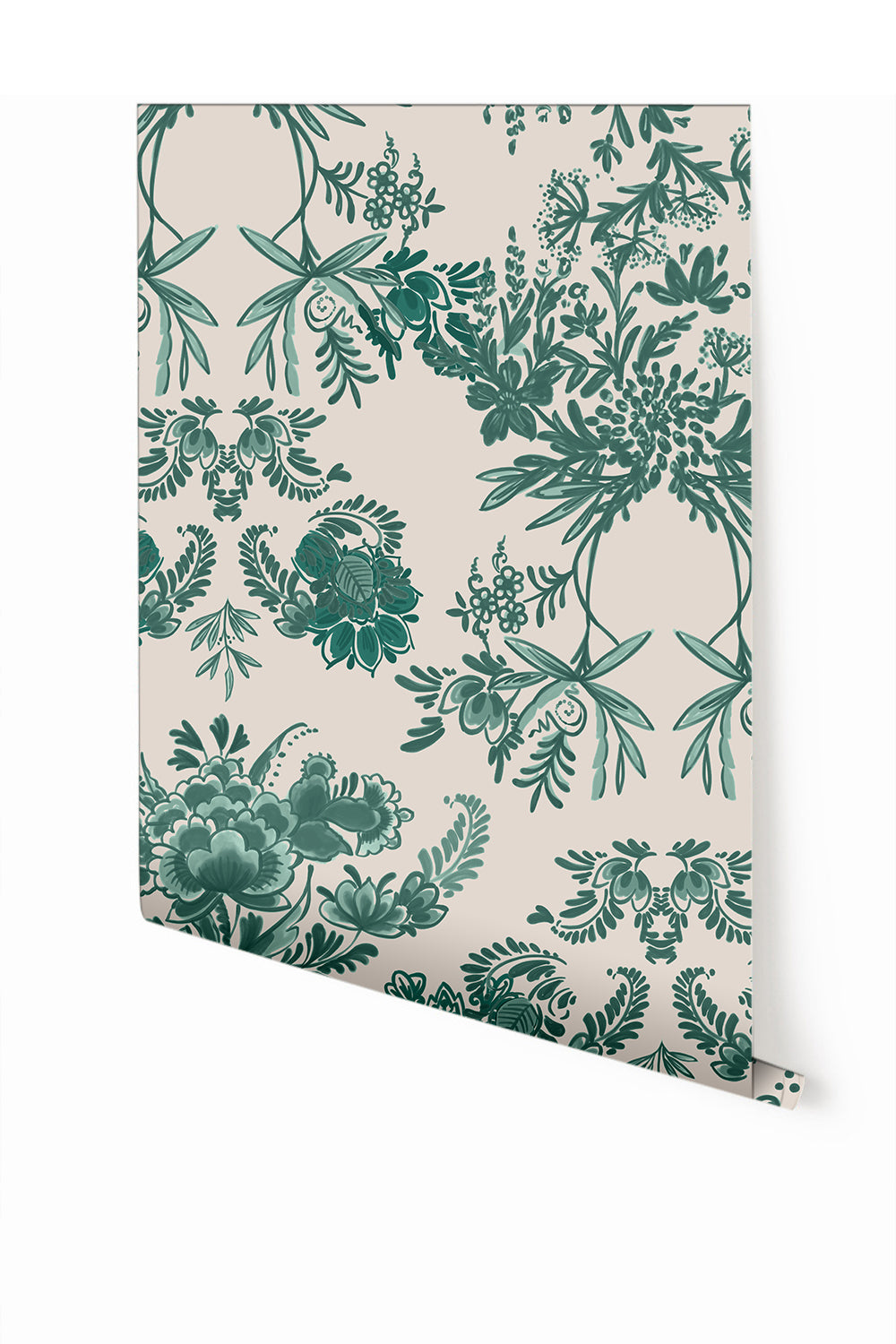 A roll of Delft© Mural Wallpaper in Green with a floral pattern from drop it MODERN.