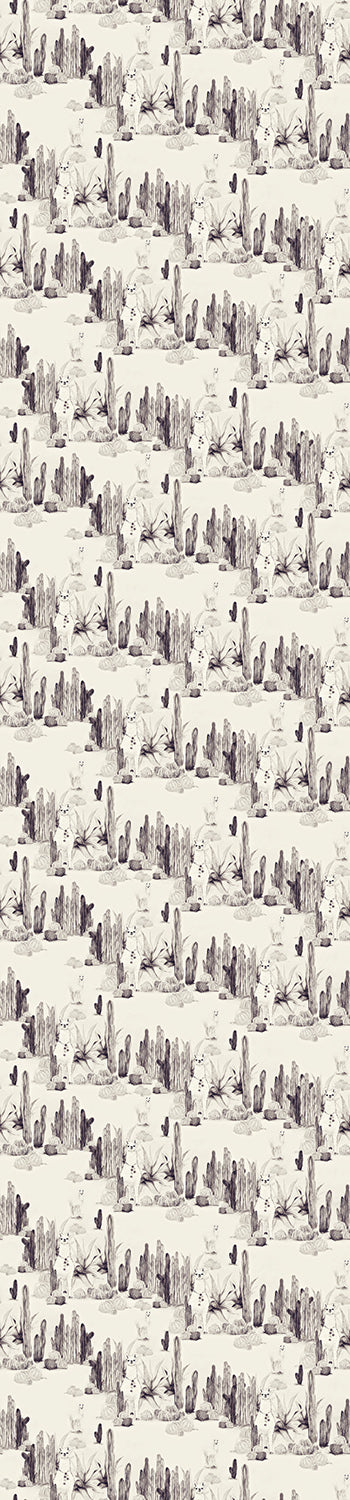 A wallpaper featuring a pattern with cacti and llamas in black and beige tones from drop it MODERN.