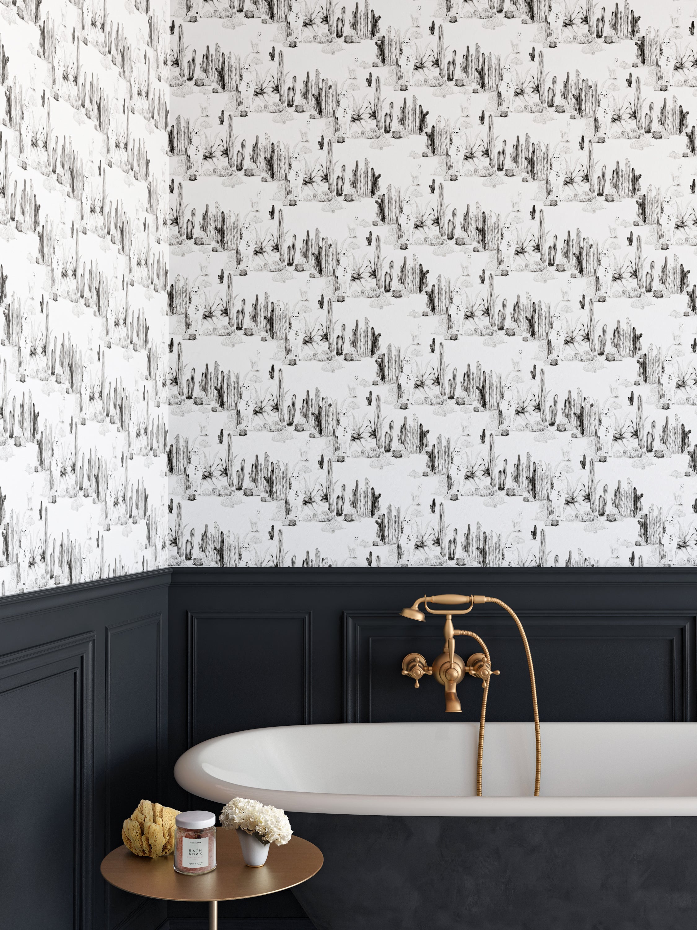 The Desert Llama© Wallpaper in Black + White in a bathroom setting from drop it MODERN.