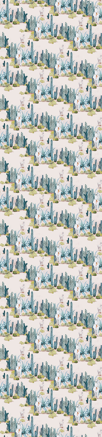 A wallpaper featuring a pattern with cacti and cartoonish llama-like figures in a desert setting, with a beige, blue, green, and pastel color palette from drop it MODERN.