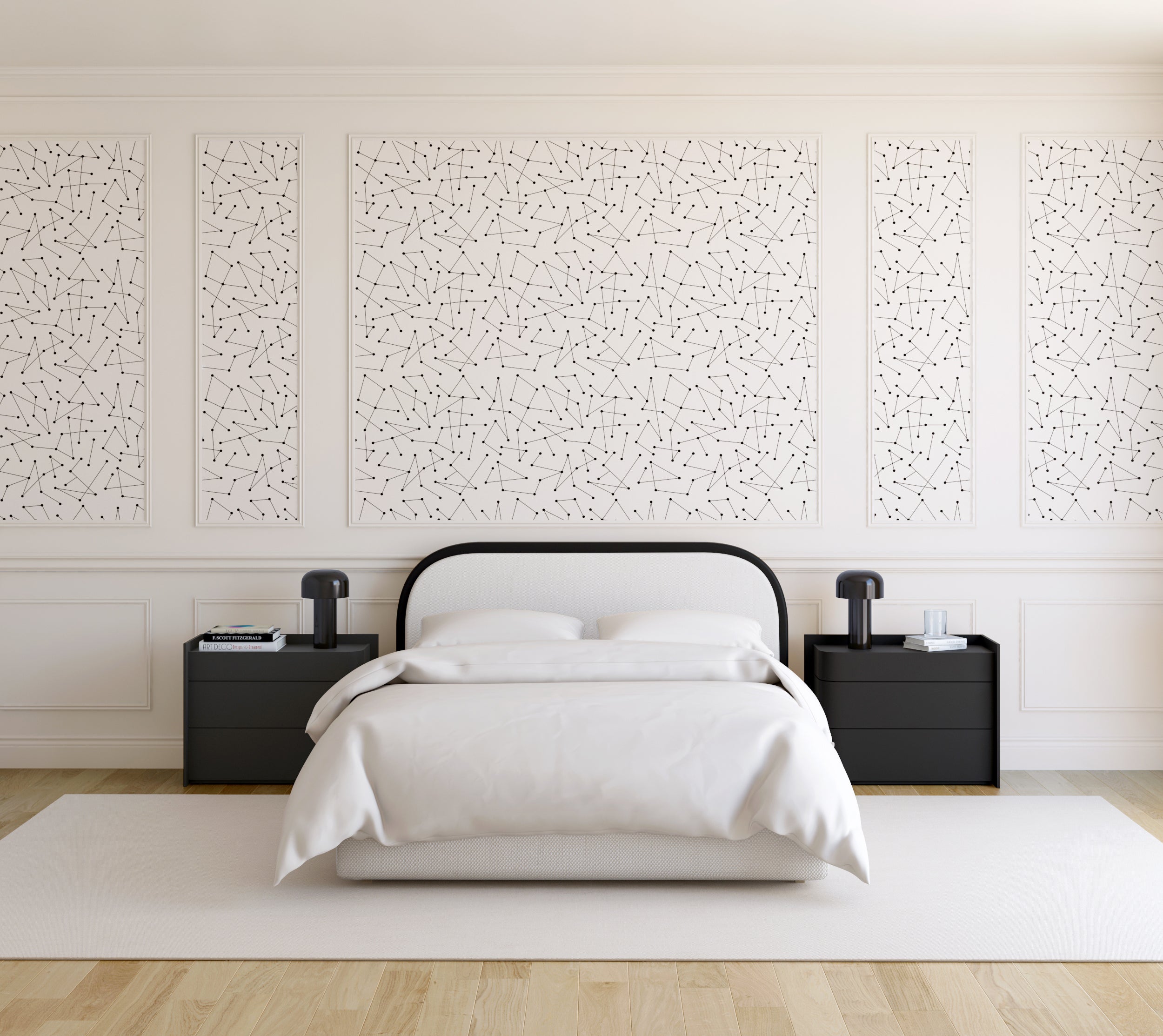 The Dot to Dot© Wallpaper in Black + Cremé in a bedroom from drop it MODERN.