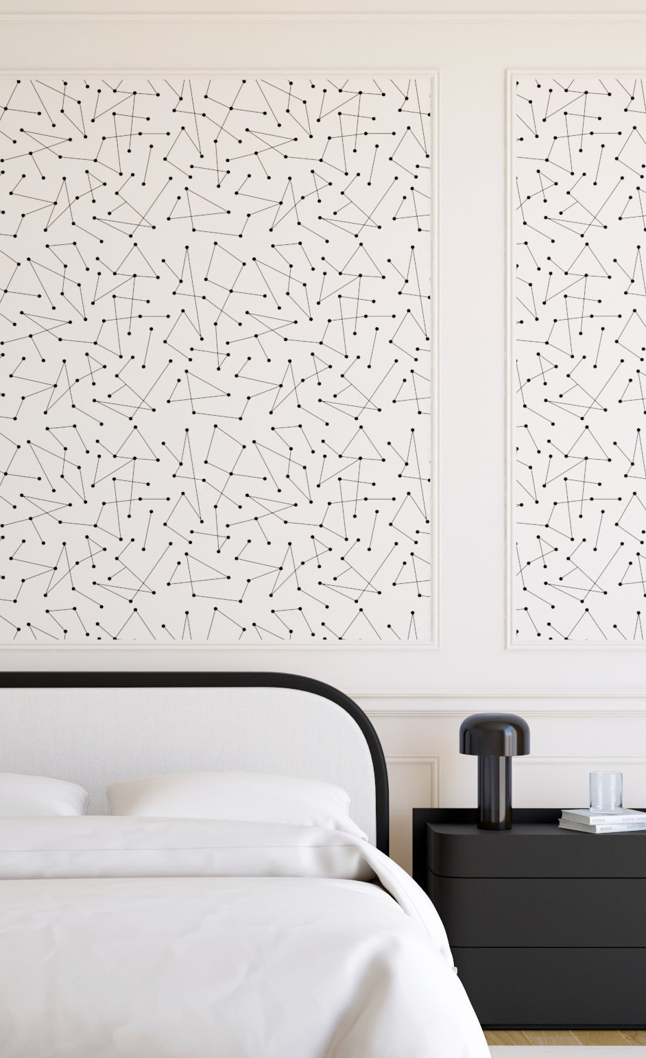 The Dot to Dot© Wallpaper in Black + Cremé in a master bedroom from drop it MODERN.